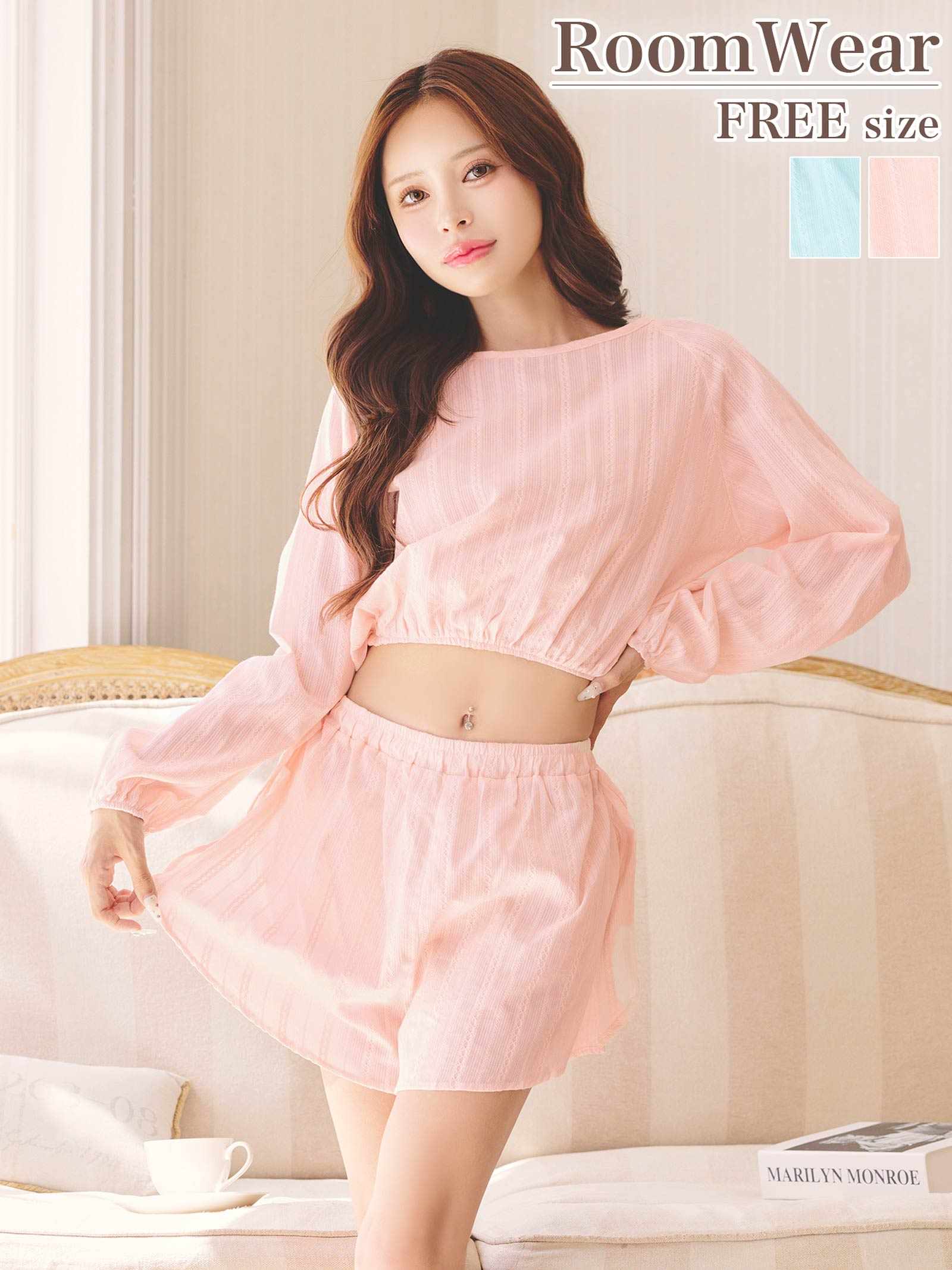 9/19新作!パステルケーブルストライプクロップド丈スウェットトップス&ショートパンツルームウェア