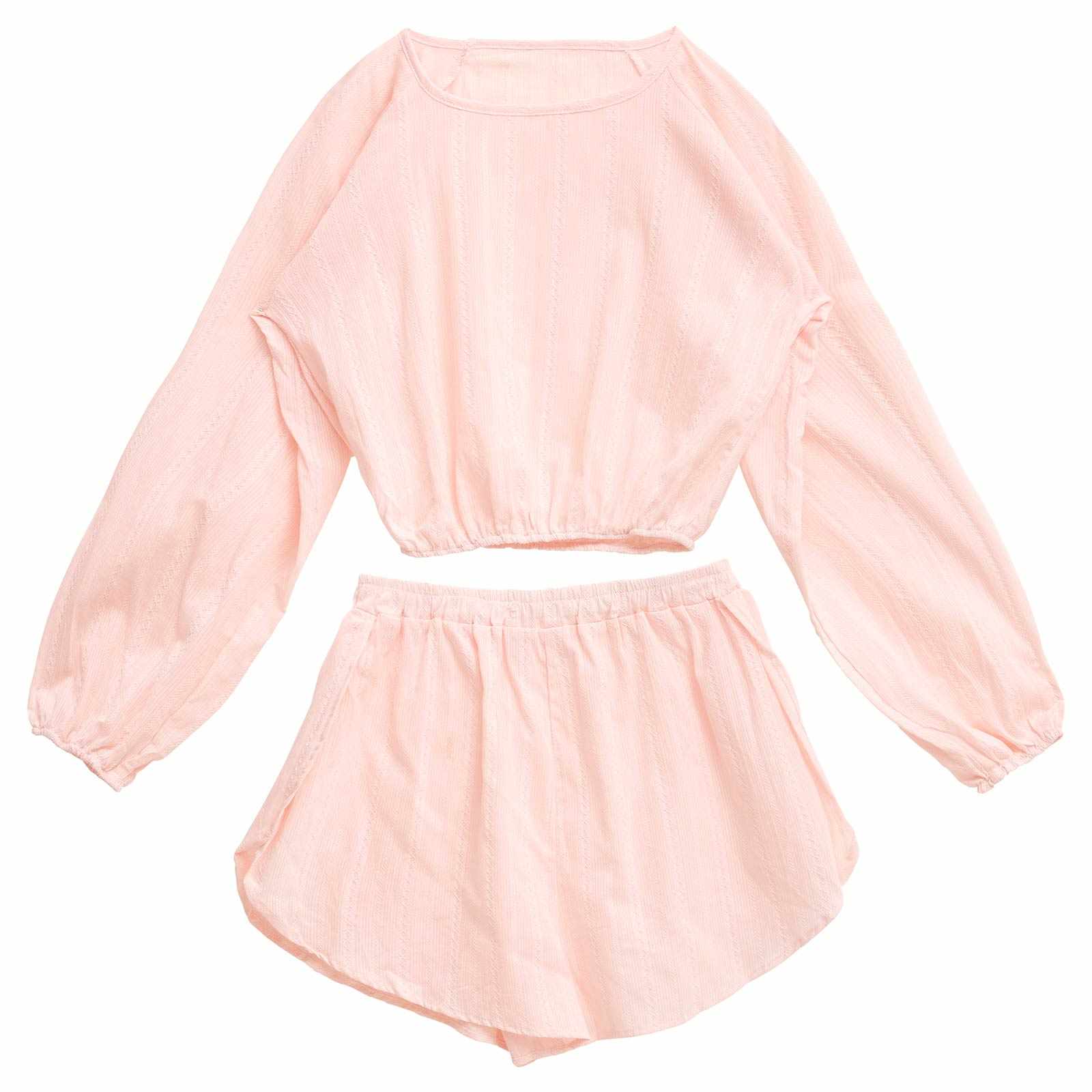 パステルケーブルストライプクロップド丈スウェットトップス&ショートパンツルームウェア