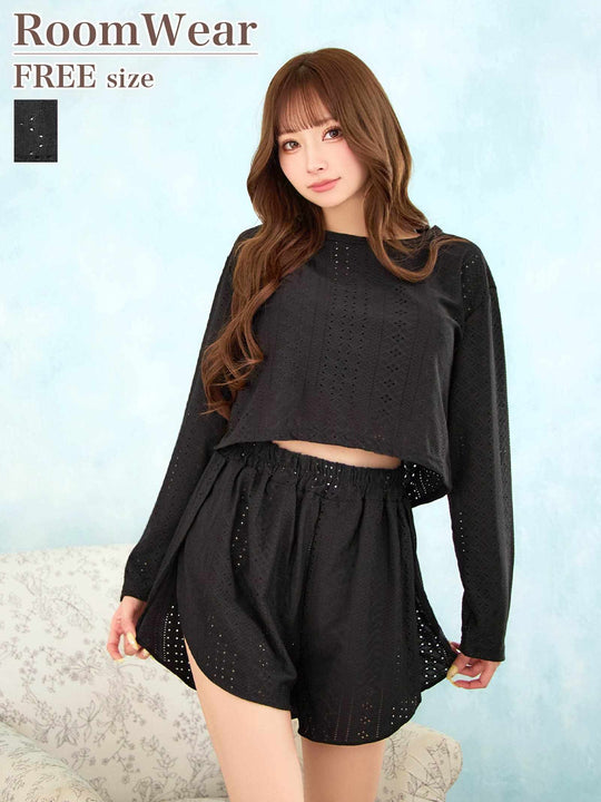 ワンカラーケーブルメッシュクロップド丈スウェットトップス&ショートパンツルームウェア