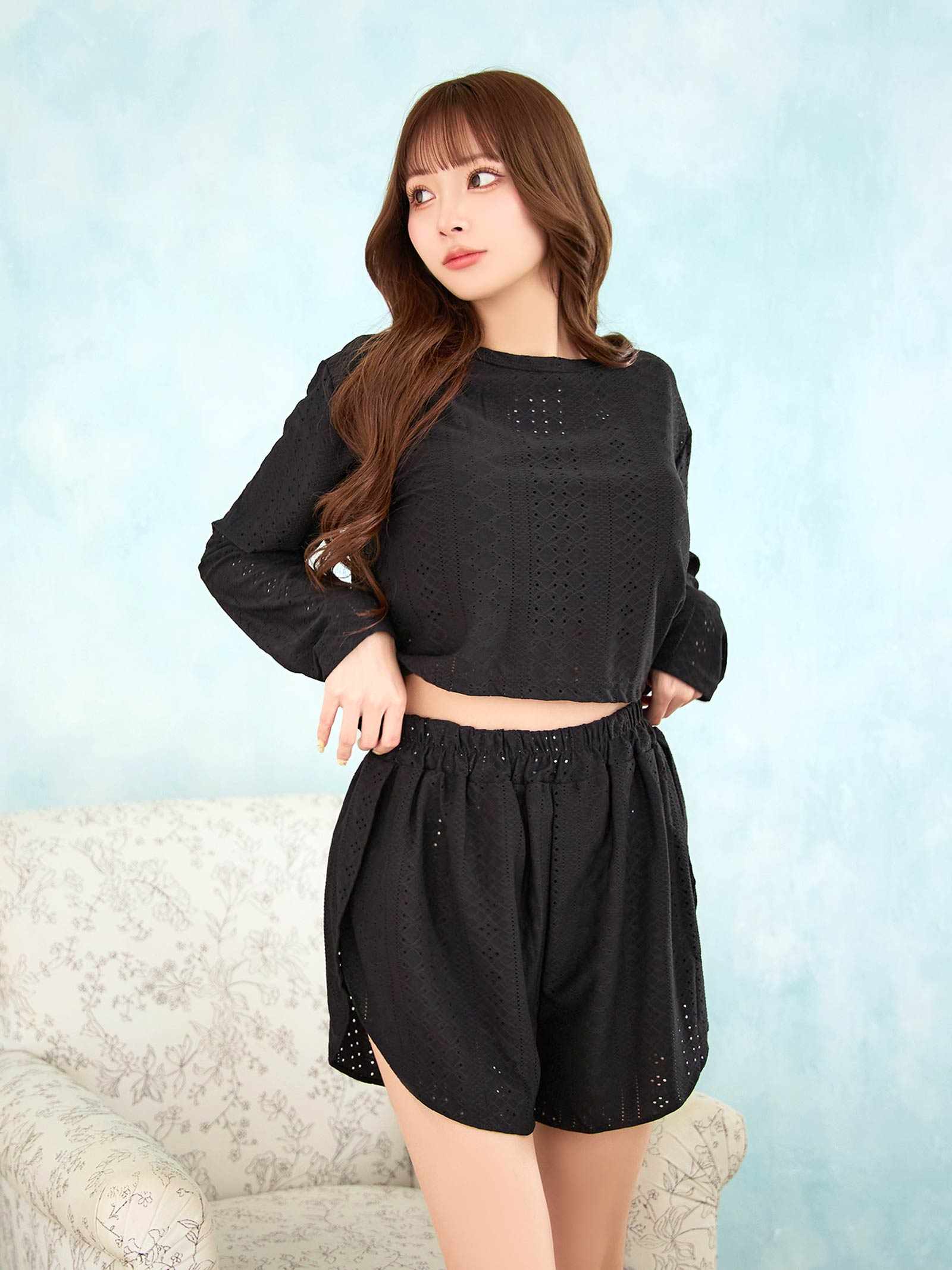 9/19新作!ワンカラーケーブルメッシュクロップド丈スウェットトップス&ショートパンツルームウェア