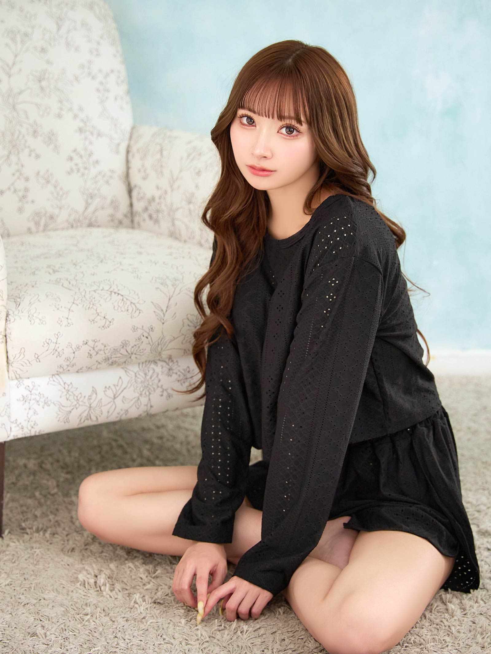 9/19新作!ワンカラーケーブルメッシュクロップド丈スウェットトップス&ショートパンツルームウェア