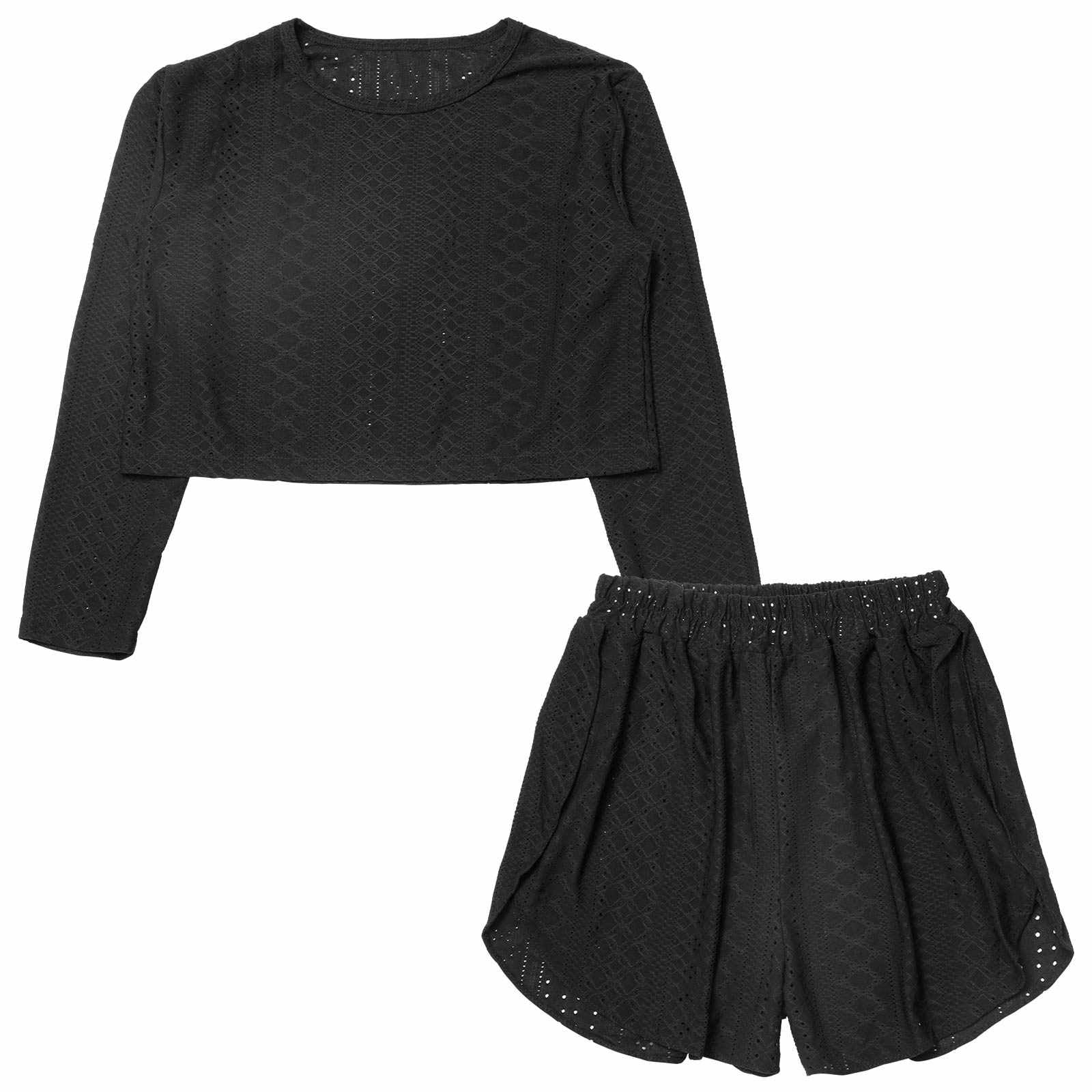 ワンカラーケーブルメッシュクロップド丈スウェットトップス&ショートパンツルームウェア