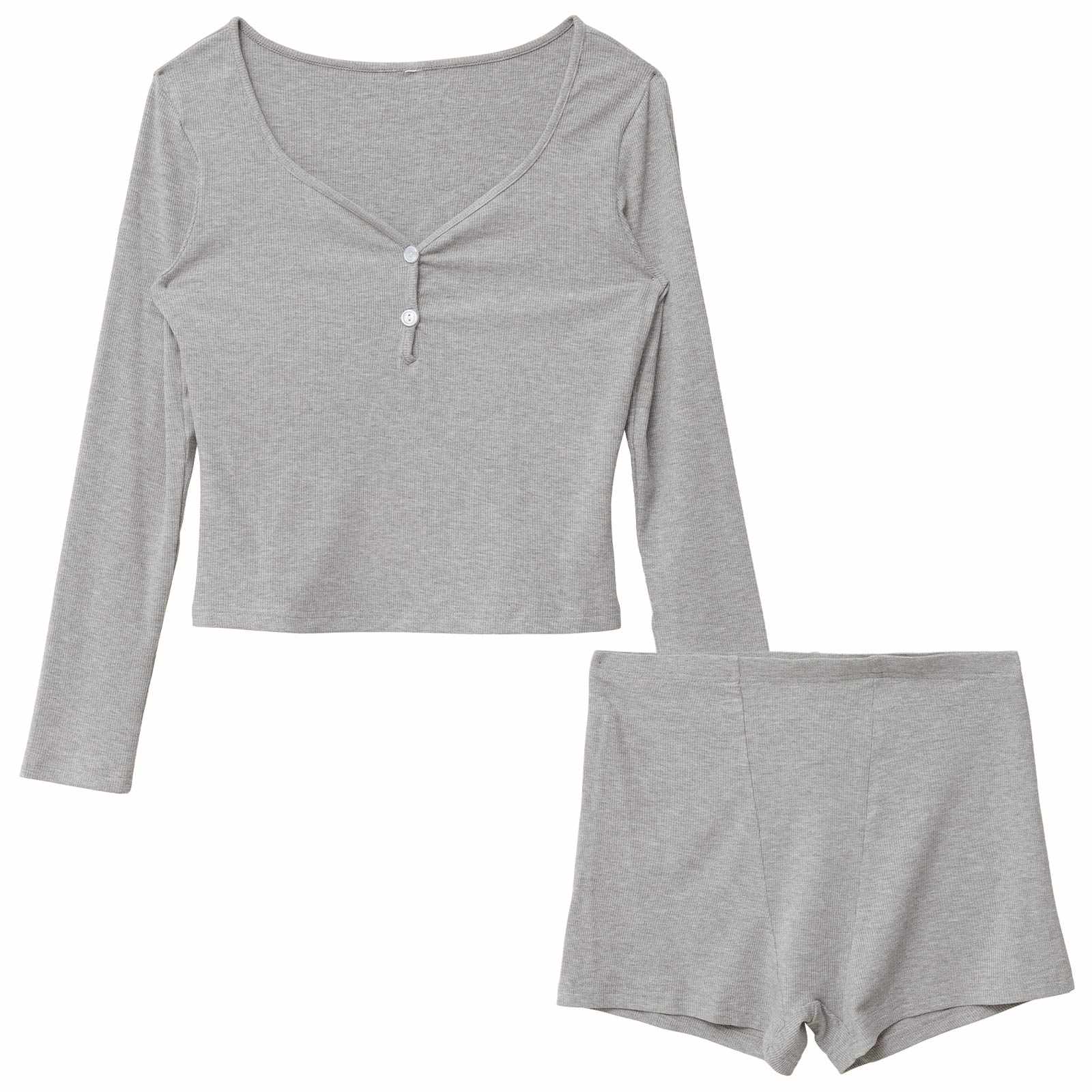 12/4再販!Vネックボタンリブ長袖トップス&ショートパンツルームウェア