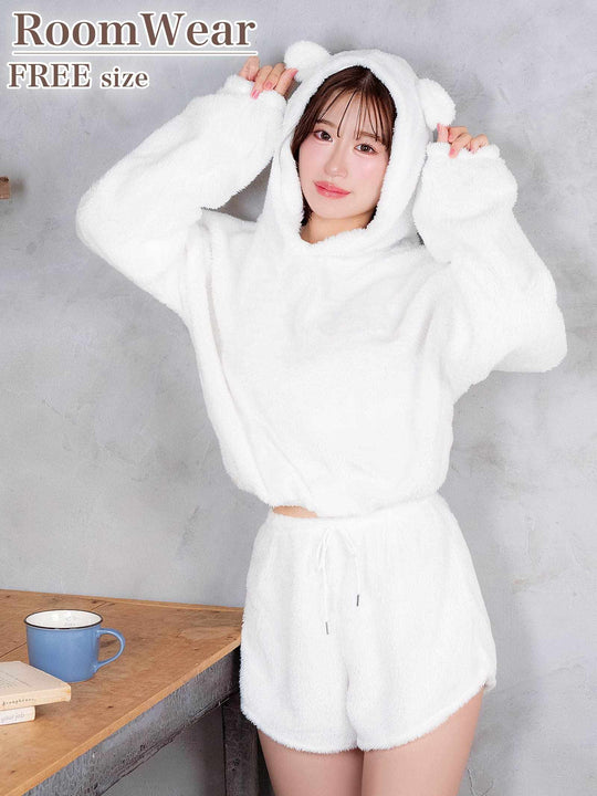 クマ耳モコモコフーディートップス&ショートパンツルームウェア