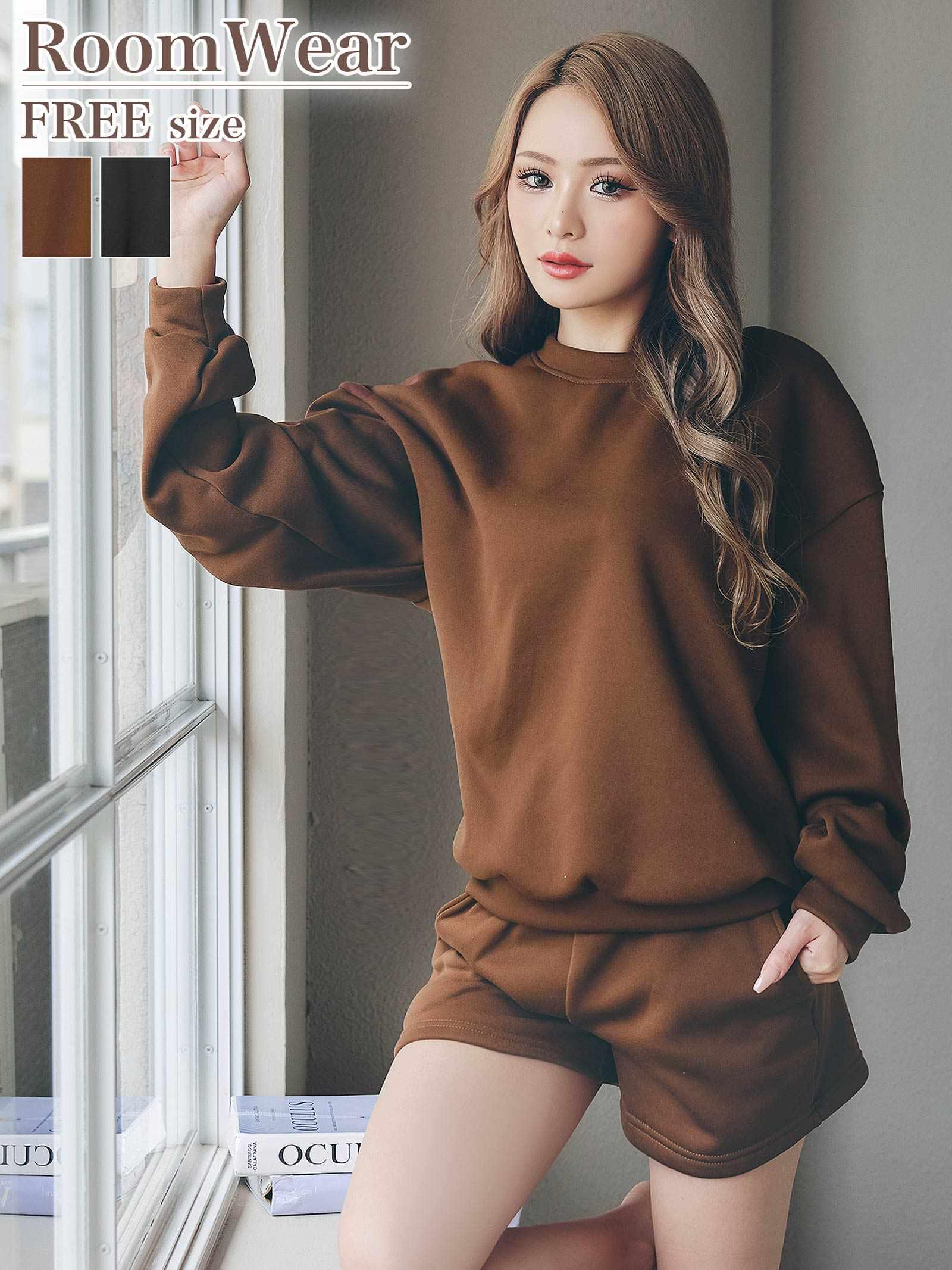 10/8新作!ワンカラー長袖プルオーバー&ショートパンツルームウェア