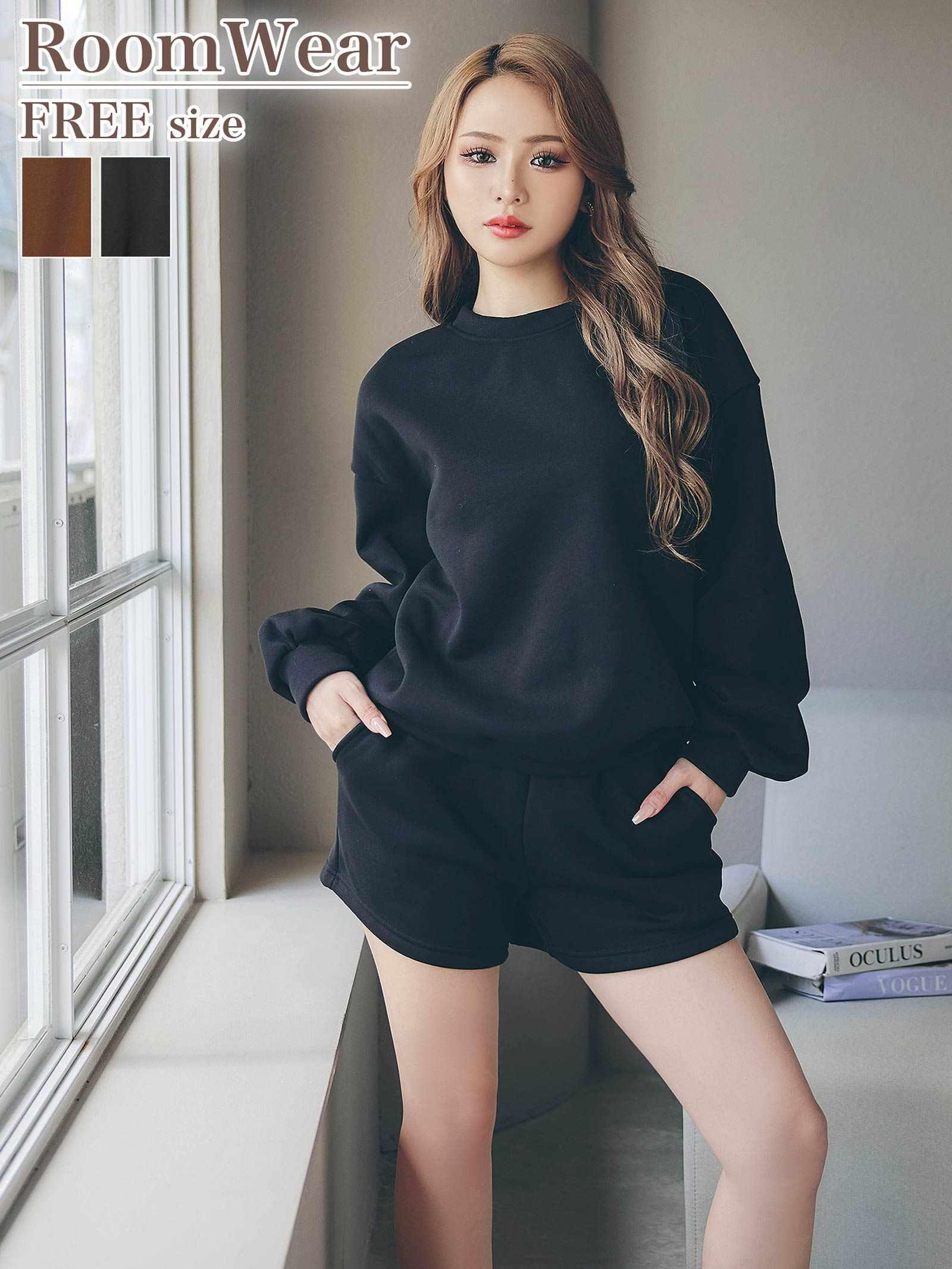 10/8新作!ワンカラー長袖プルオーバー&ショートパンツルームウェア