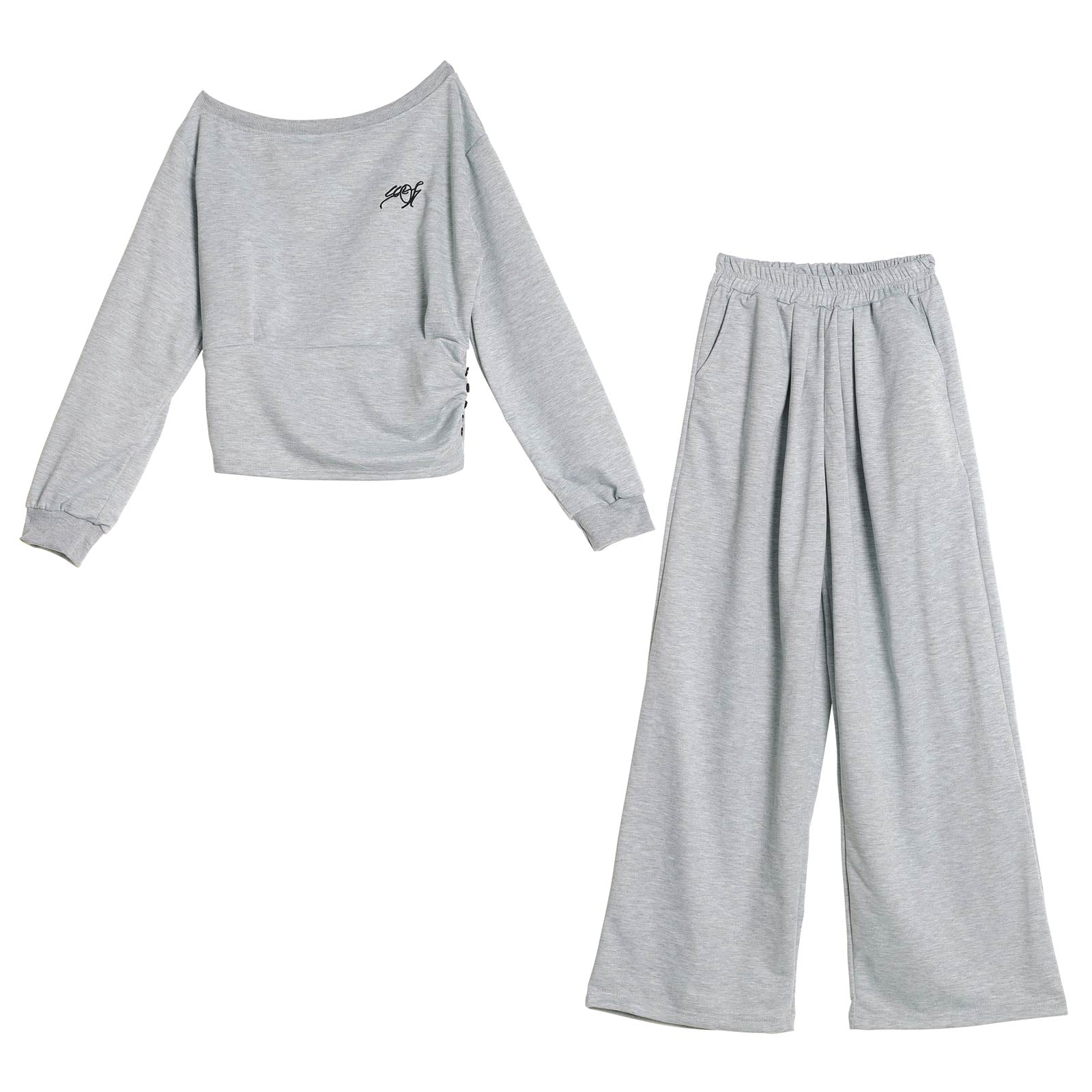 ルーズオフショルダートップス&ワイドパンツルームウェア