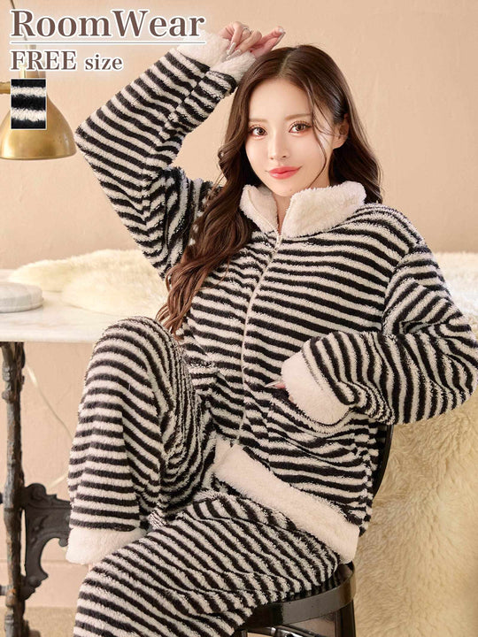 12/5新作!もこもこバイカラーボーダージップトップス&ロングパンツルームウェア