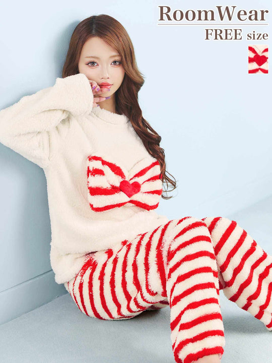 12/1新作!キャンディリボンボーダーもこもこトップス&ロングパンツルームウェア