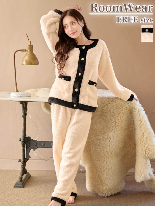 12/3新作!バイカラーパイピングもこもこトップス&ロングパンツルームウェア