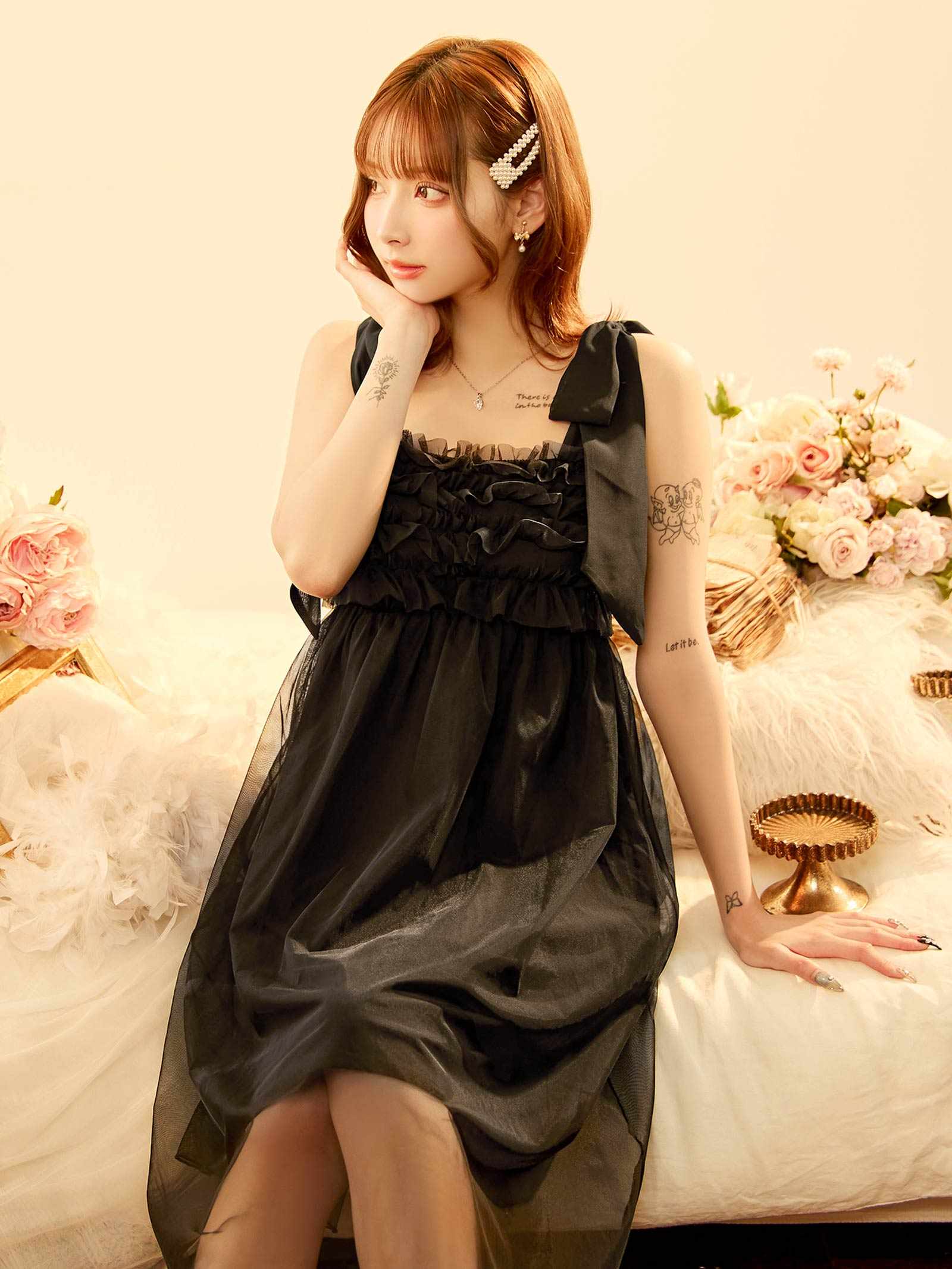 8/25新作!フリルチュールリボンナイトブラワンピースルームウェア