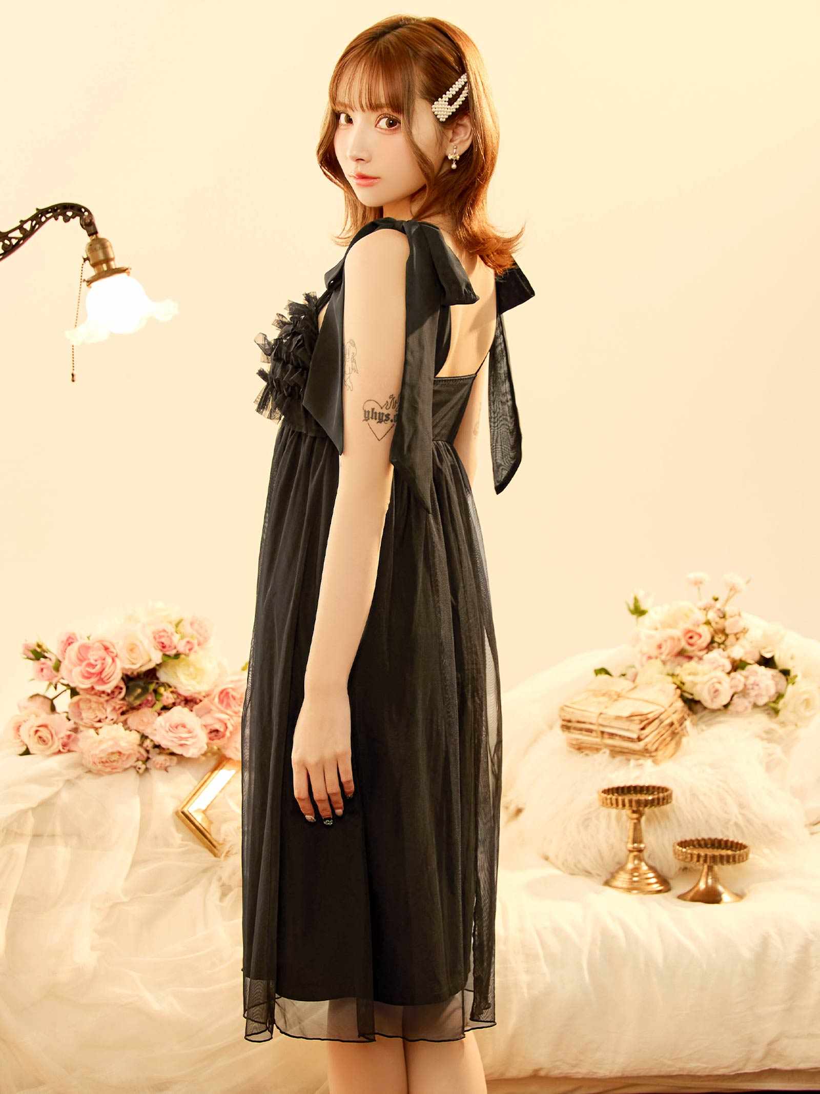 8/25新作!フリルチュールリボンナイトブラワンピースルームウェア