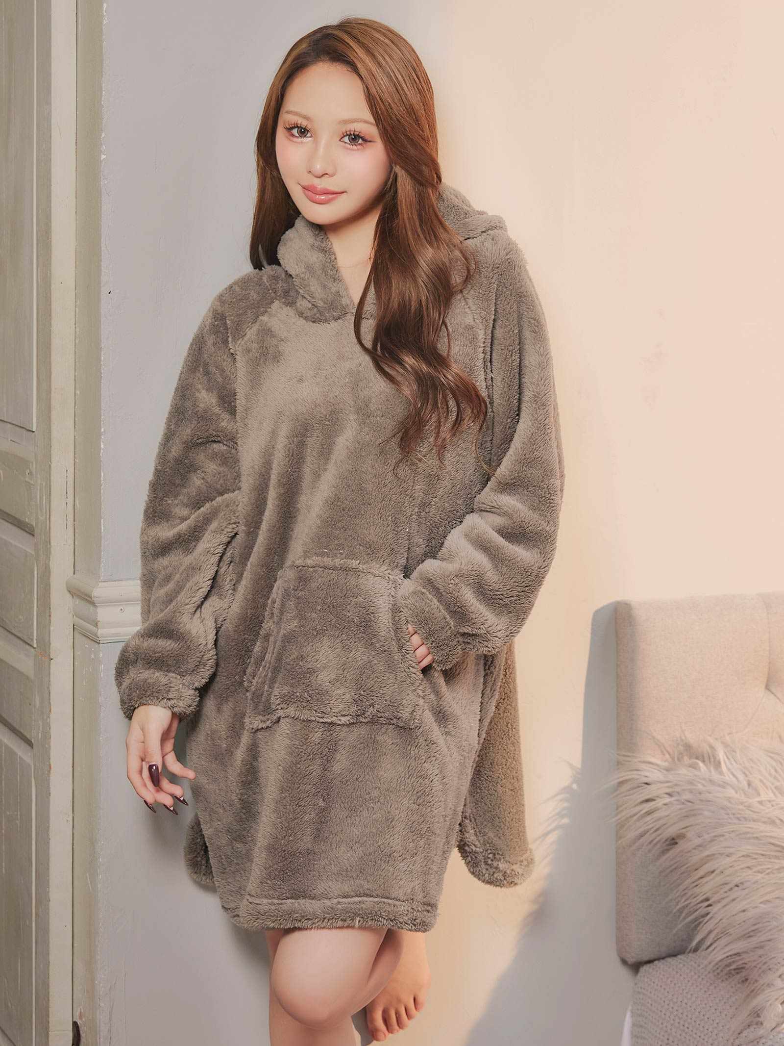 12/8新作!くま耳フードもこもこワンピースルームウェア