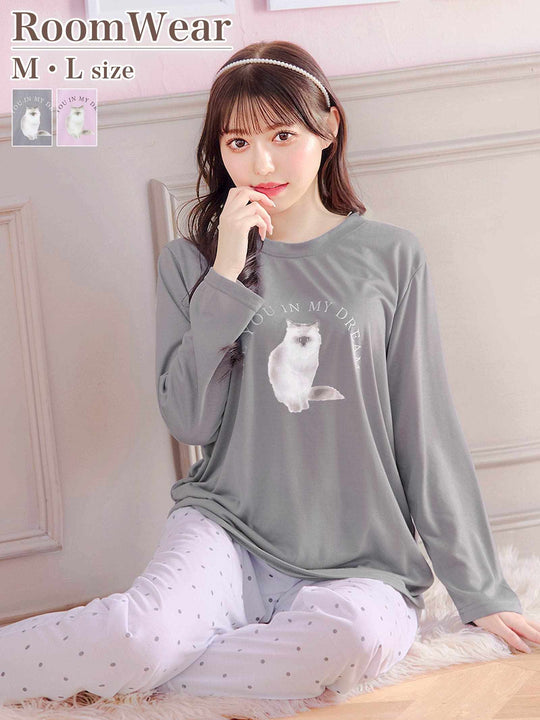 3/20新作!キャットモチーフ長袖トップス&ドットロングパンツルームウェア