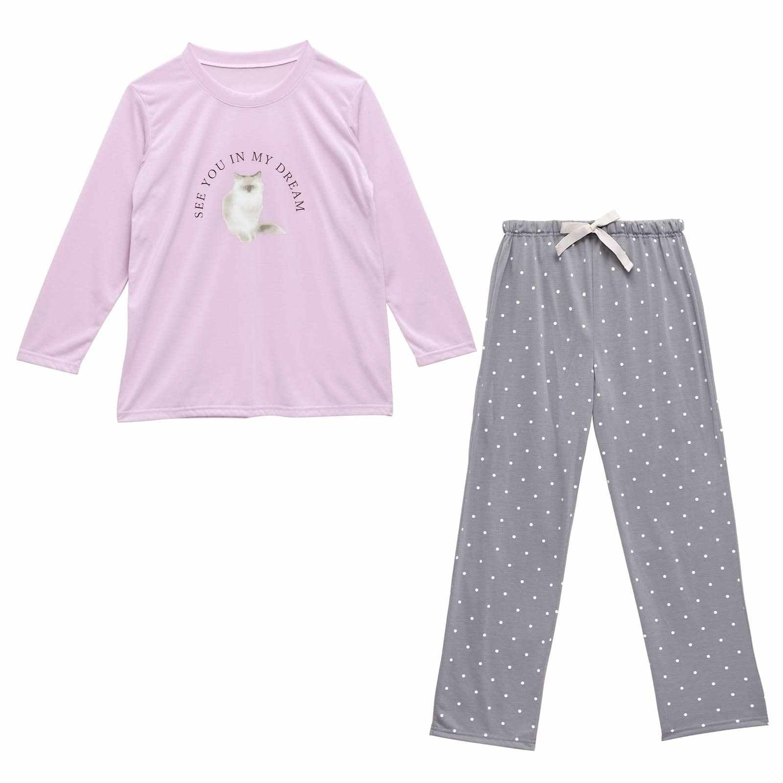 3/20新作!キャットモチーフ長袖トップス&ドットロングパンツルームウェア