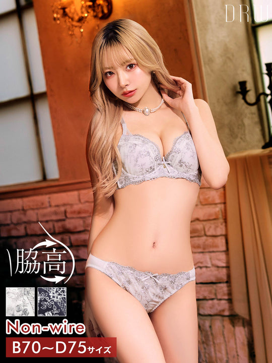 【ノンワイヤー】クラシカルリボンブーケ育乳脇高ブラジャー&フルバックショーツ