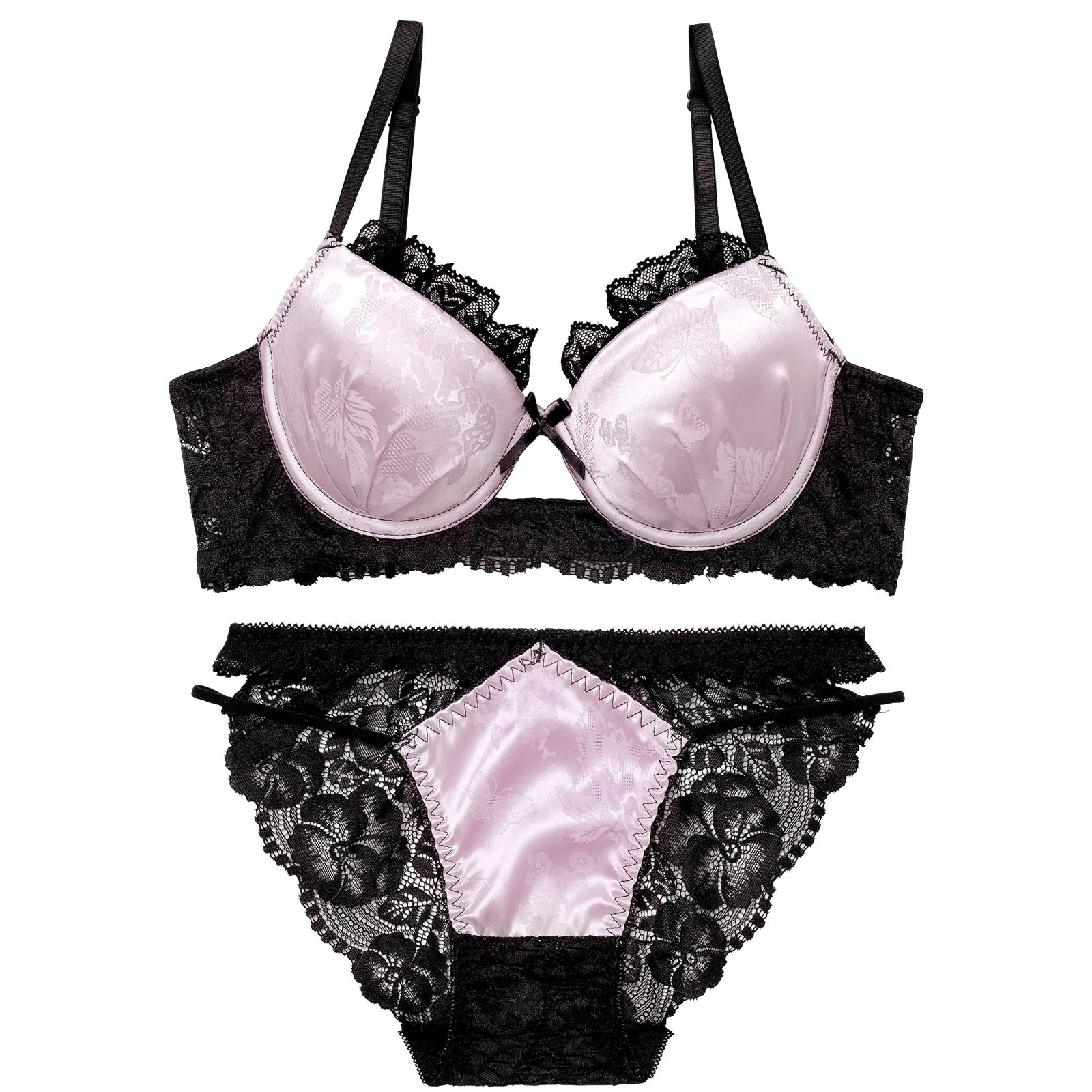 4/3新作!【EFサイズ】グロッシーサテンレース育乳脇高ブラジャー&バック透けフルバックショーツ