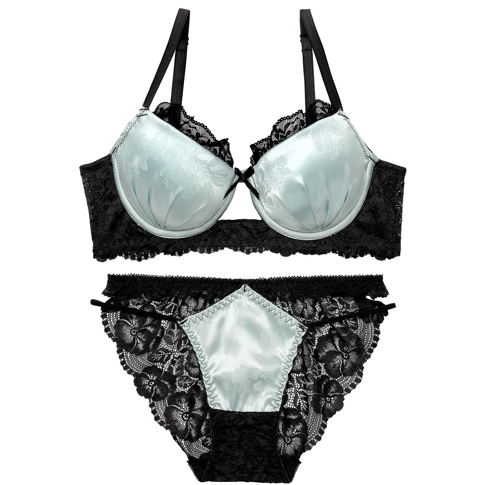 4/3新作!【EFサイズ】グロッシーサテンレース育乳脇高ブラジャー&バック透けフルバックショーツ