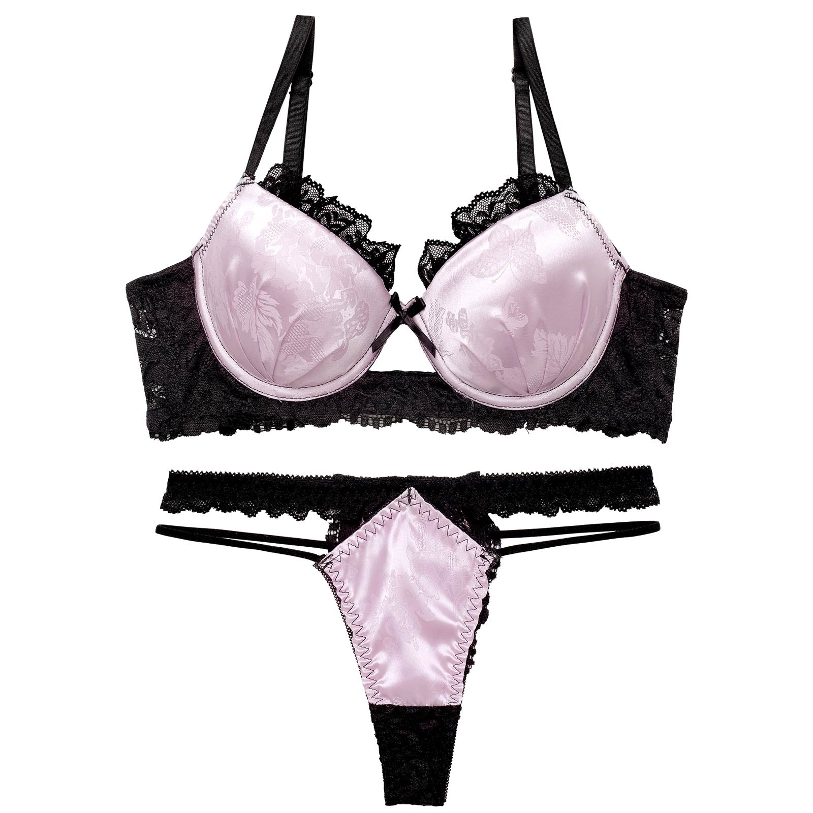 4/3新作!【EFサイズ】グロッシーサテンレース育乳脇高ブラジャー&バック透けTバックショーツ