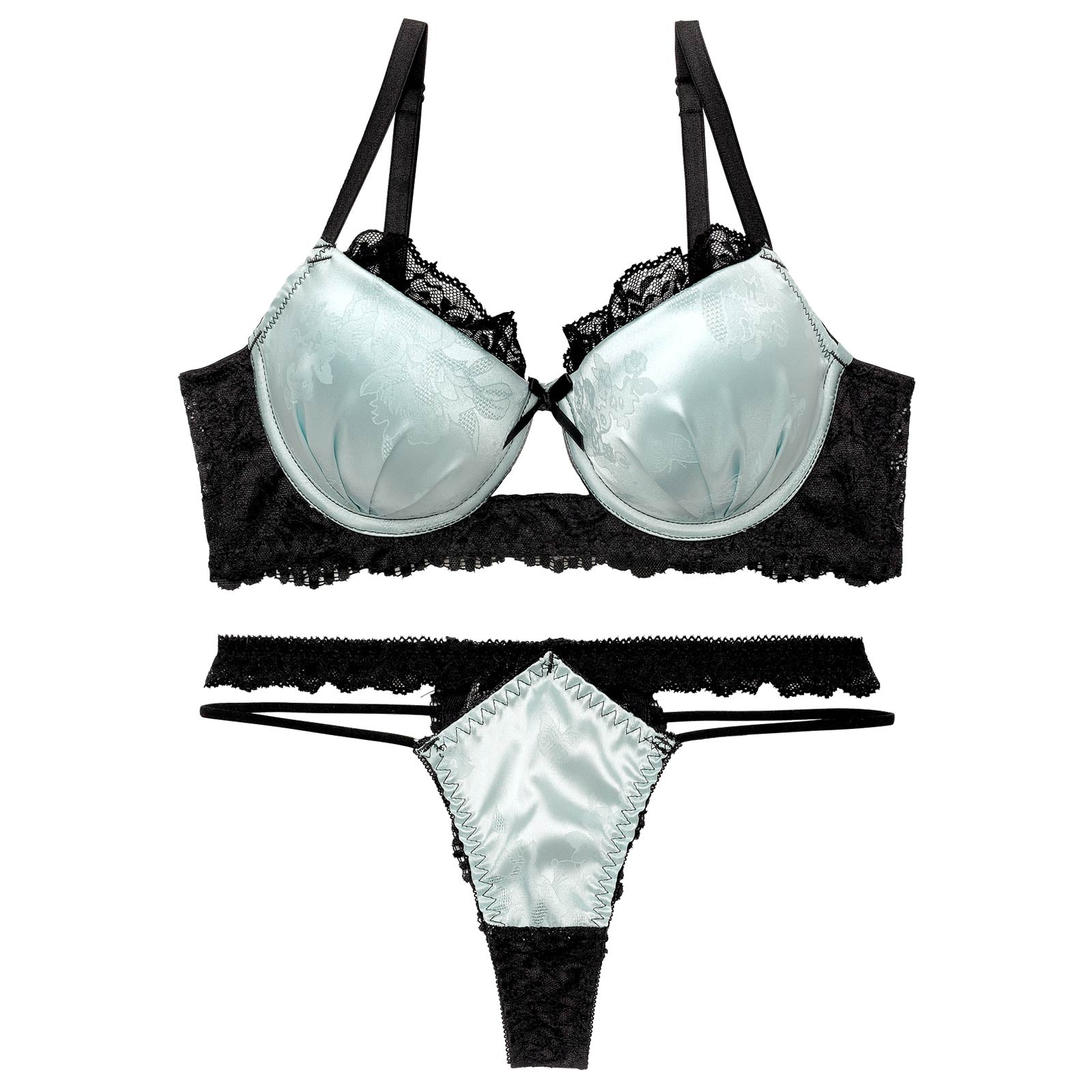 4/3新作!【EFサイズ】グロッシーサテンレース育乳脇高ブラジャー&バック透けTバックショーツ