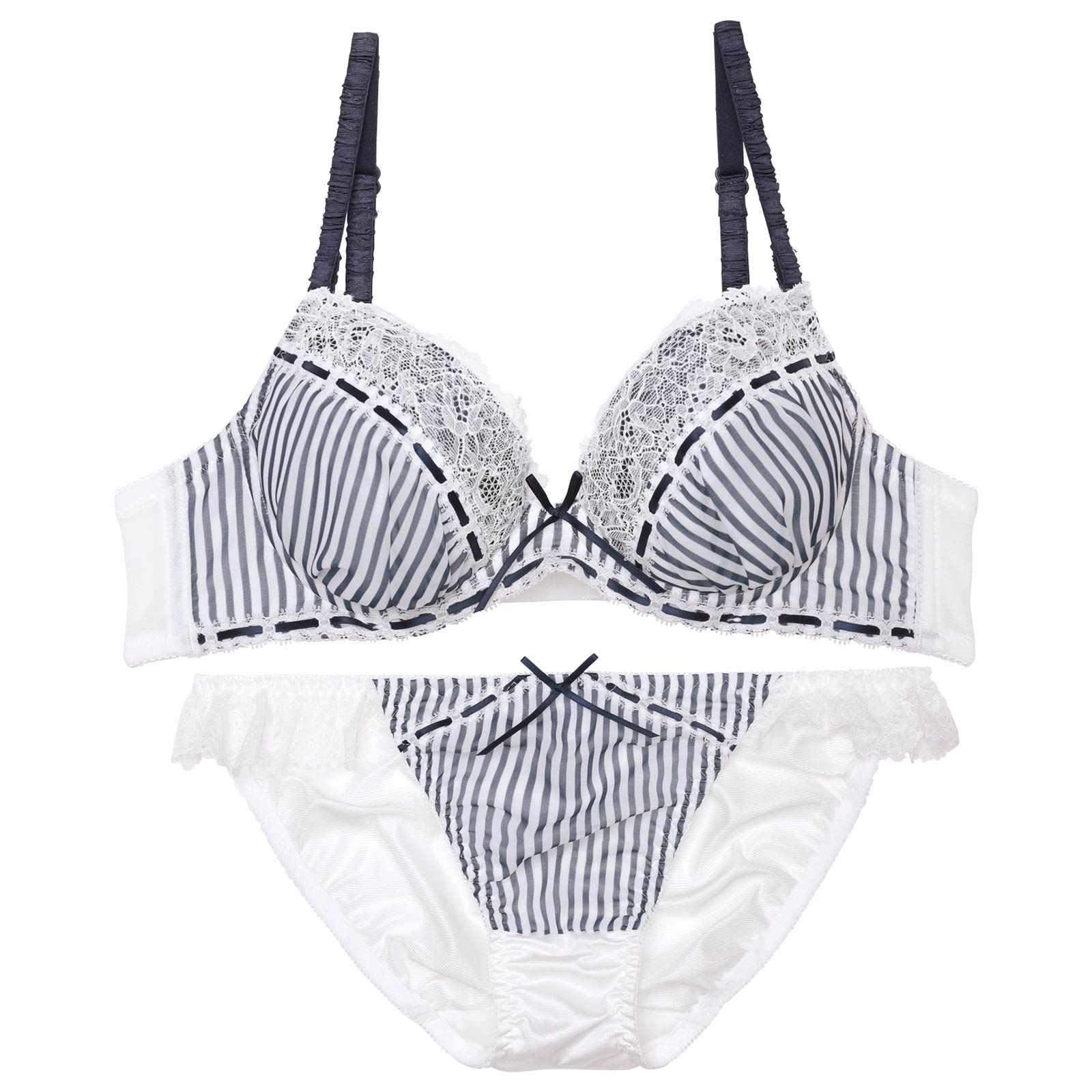 ガーリーストライプレースブラジャー&フルバックショーツ