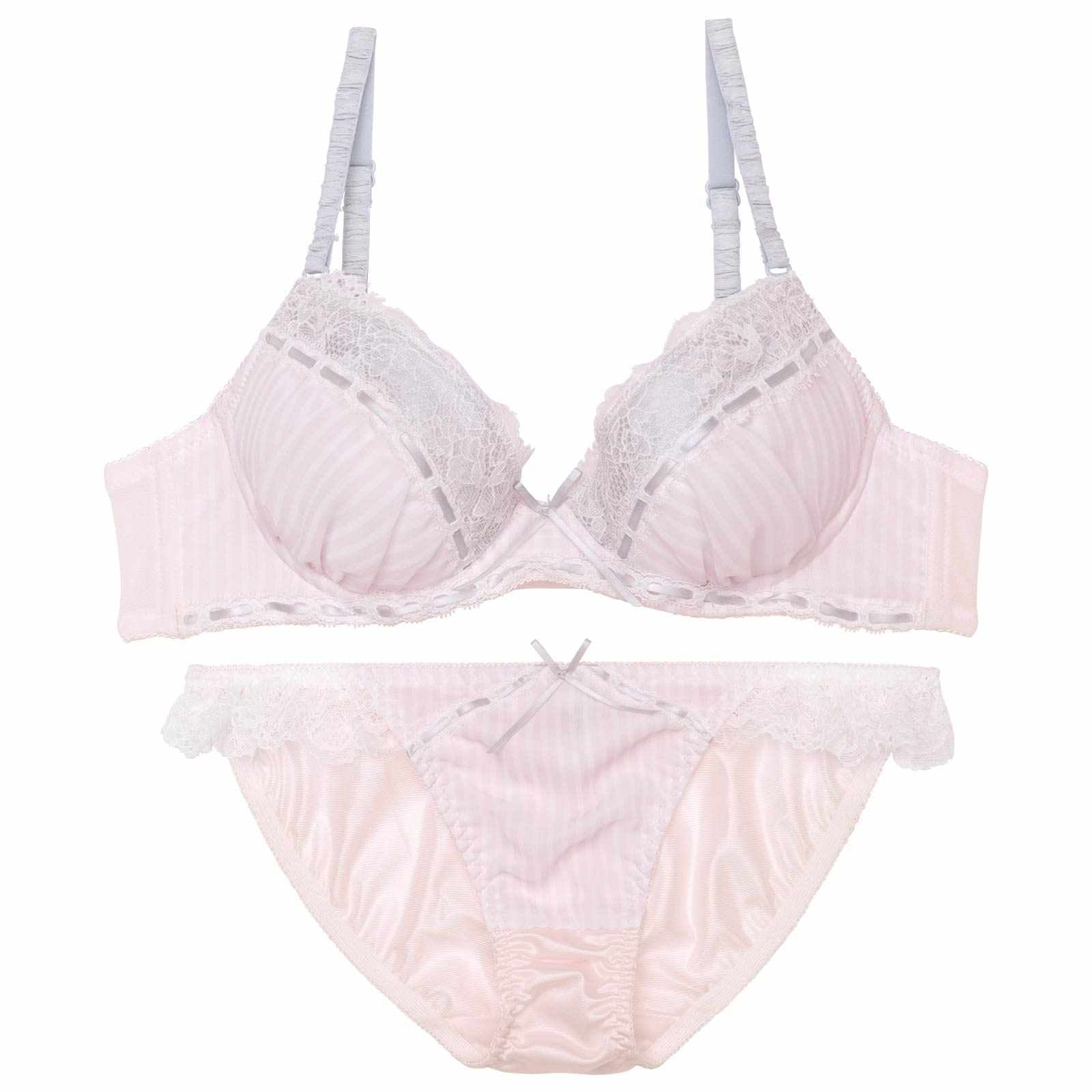 ガーリーストライプレースブラジャー&フルバックショーツ