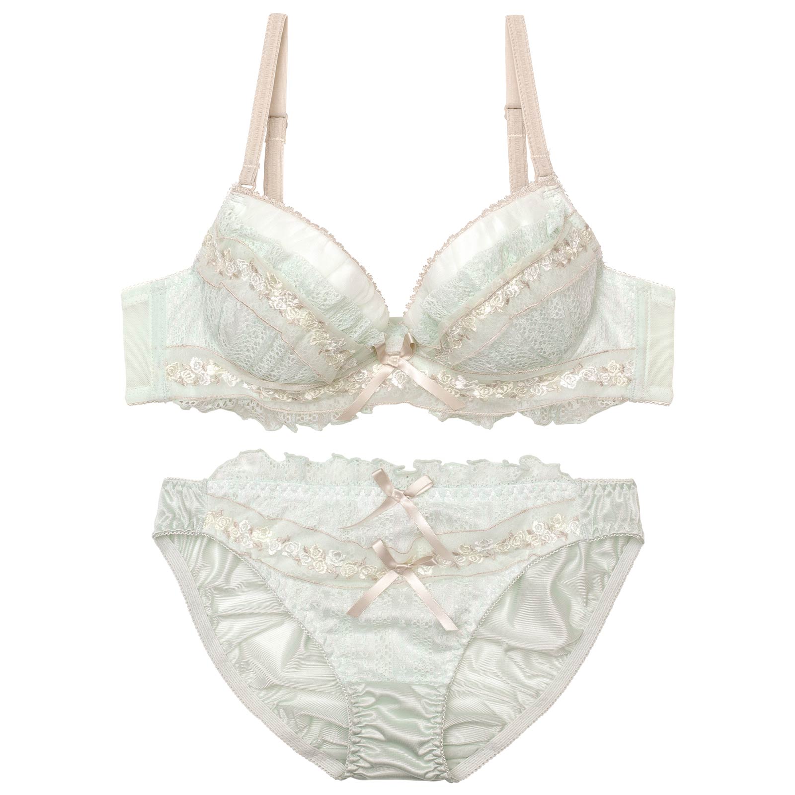 【EFサイズ】スウィートリボンフルーレットブラジャー&フルバックショーツ