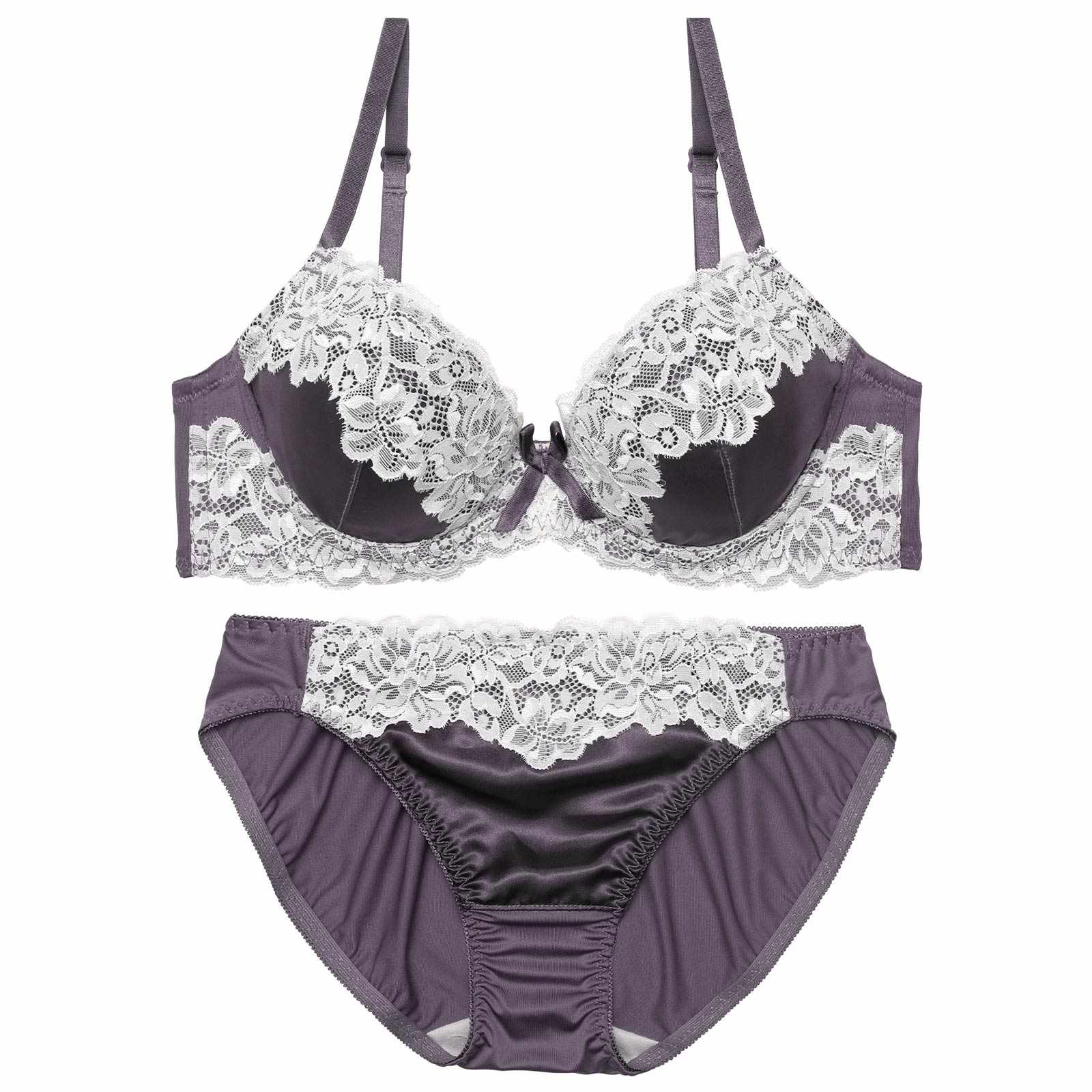 シルキーサテンレースブラジャー&フルバックショーツ