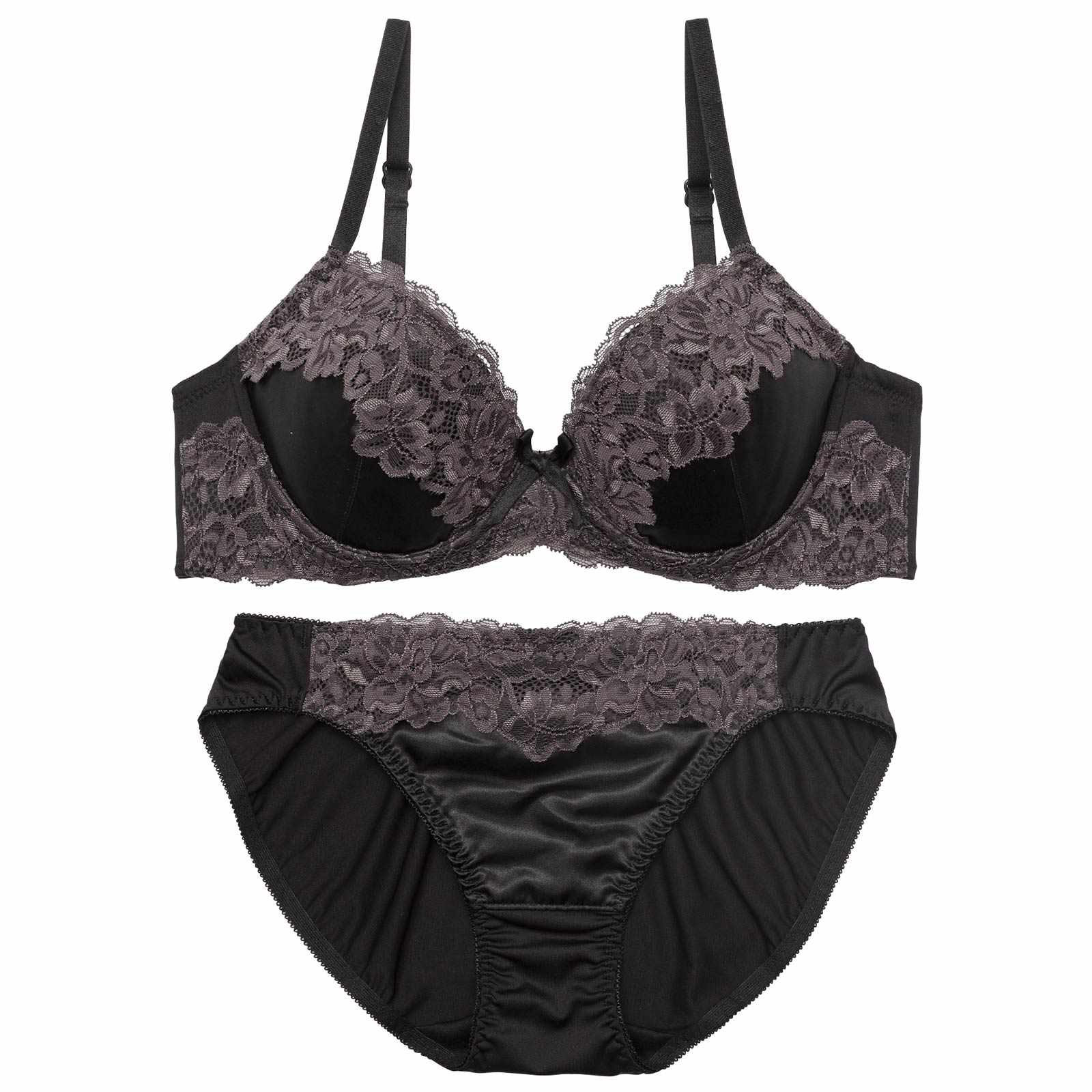 シルキーサテンレースブラジャー&フルバックショーツ