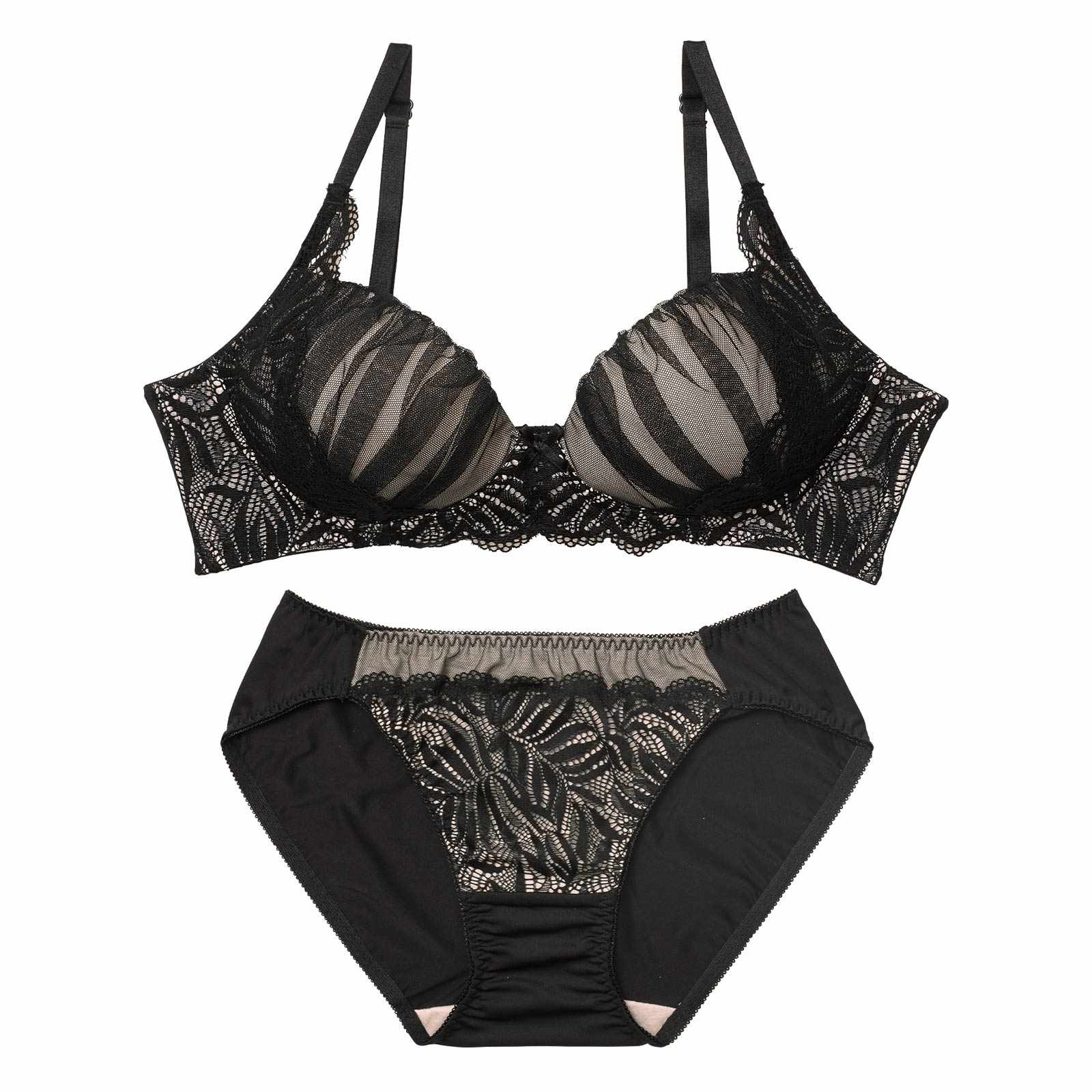 【ノンワイヤー】グレイスチュールレース育乳脇高ブラジャー&フルバックショーツ