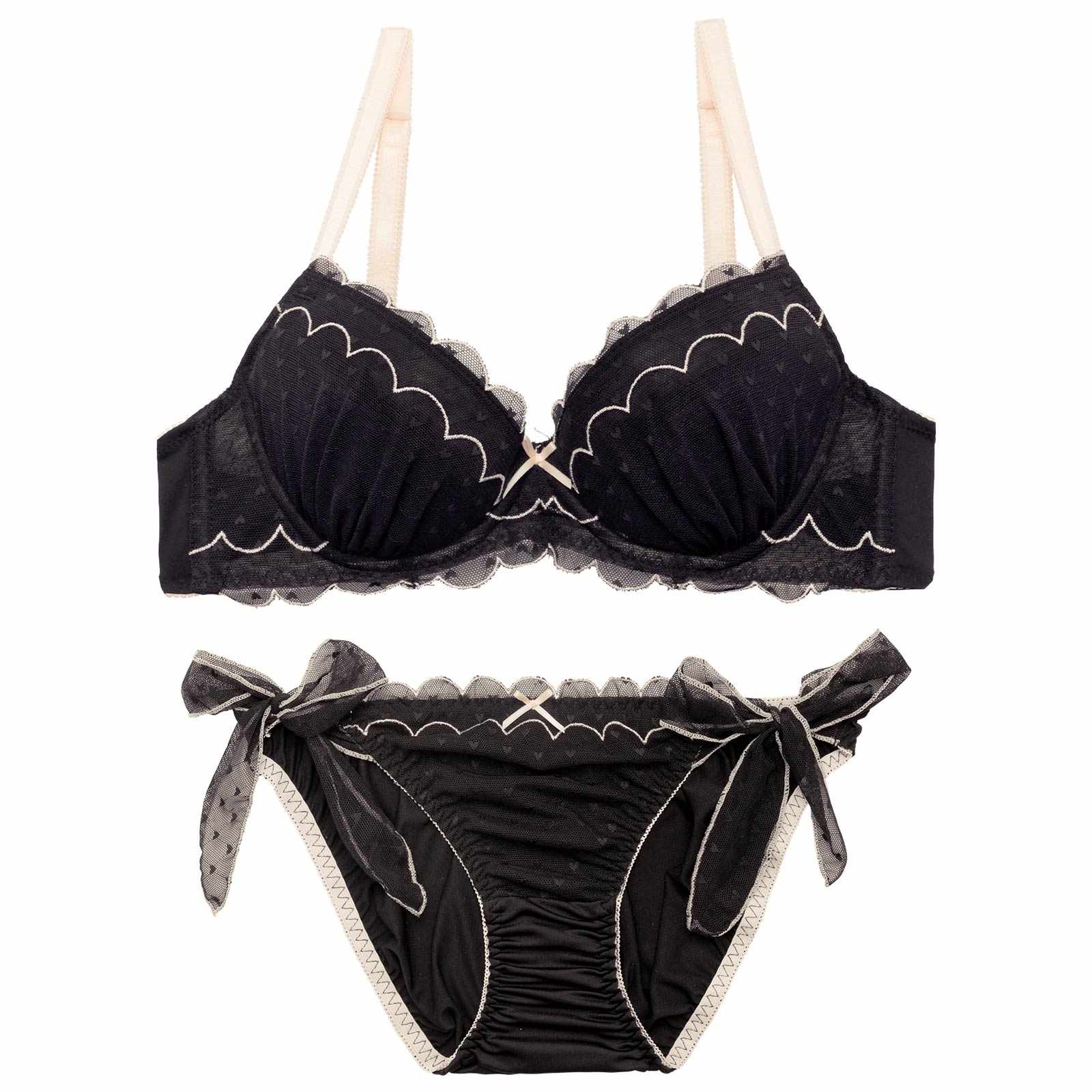 4/24再販!スカラップキューティーハートブラジャー&サイド紐フルバックショーツ