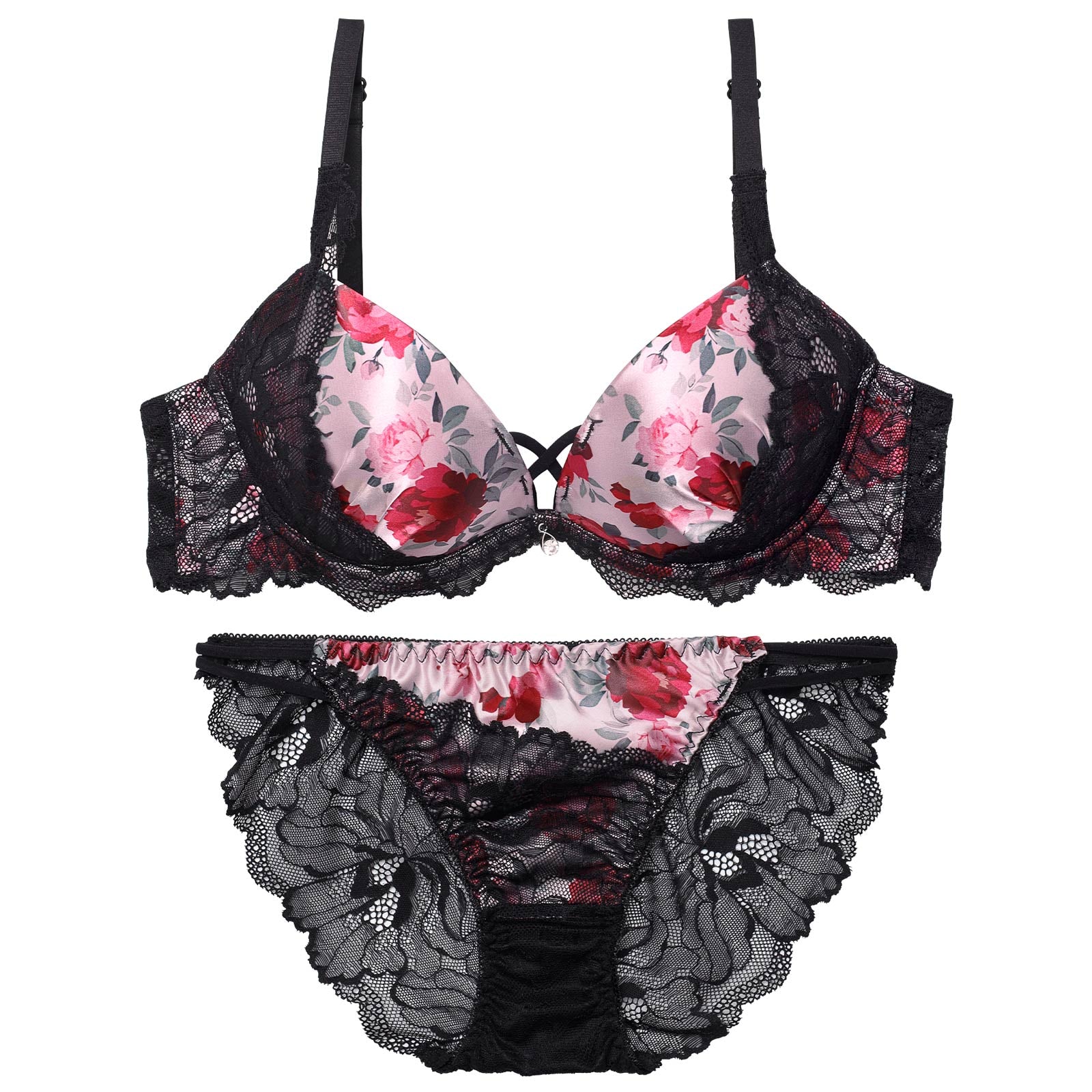 4/10新作!【EFサイズ】ビビッドブルームレーシィブラジャー&バック透けフルバックショーツ