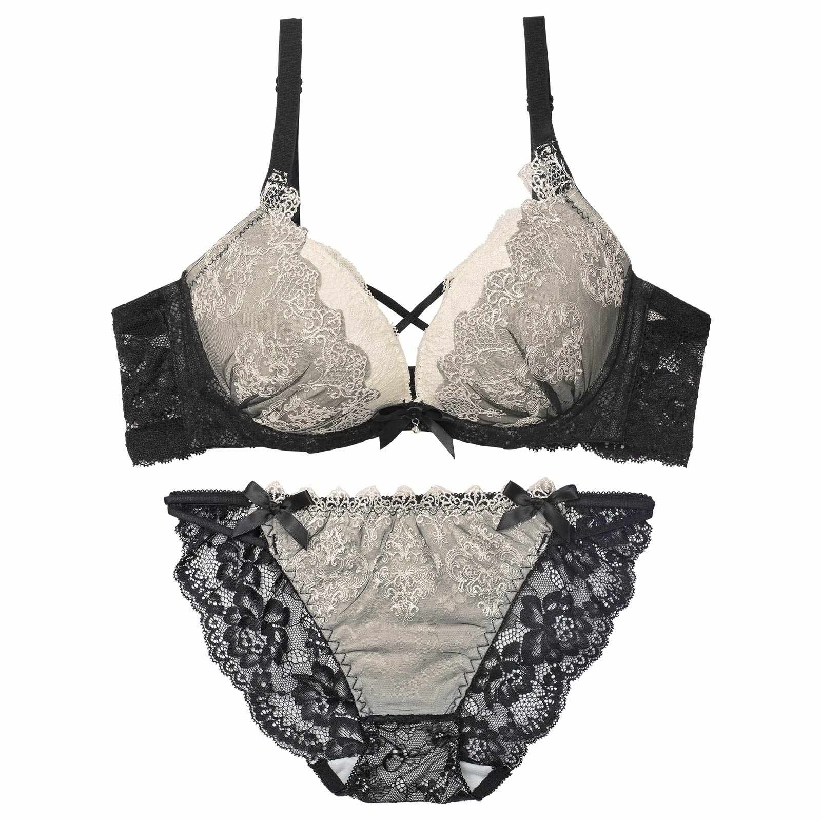 12/12新作!【EFサイズ】エレガントエンブロイダリー育乳脇高ブラジャー＆バック透けフルバックショーツ