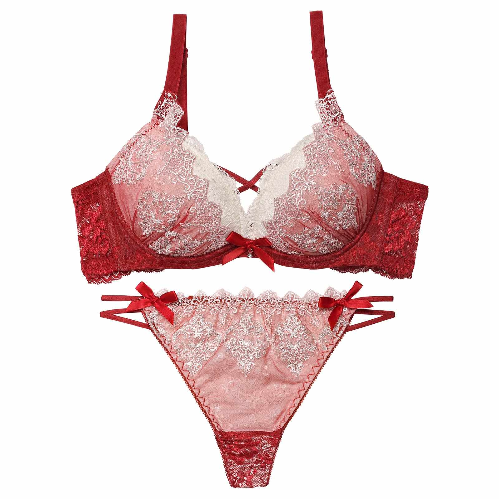 12/12新作!【EFサイズ】エレガントエンブロイダリー育乳脇高ブラジャー＆バック透けTバックショーツ