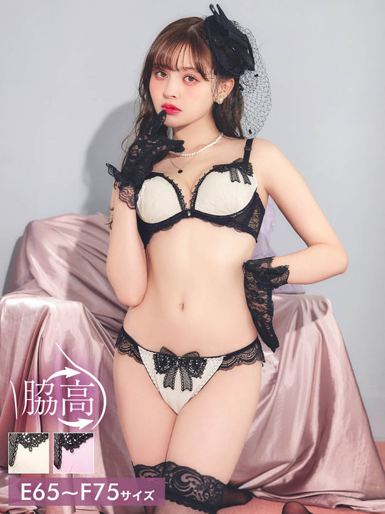 5/1新作!【EFサイズ】リボンノワールレース育乳脇高ブラジャー&バック透けフルバックショーツ