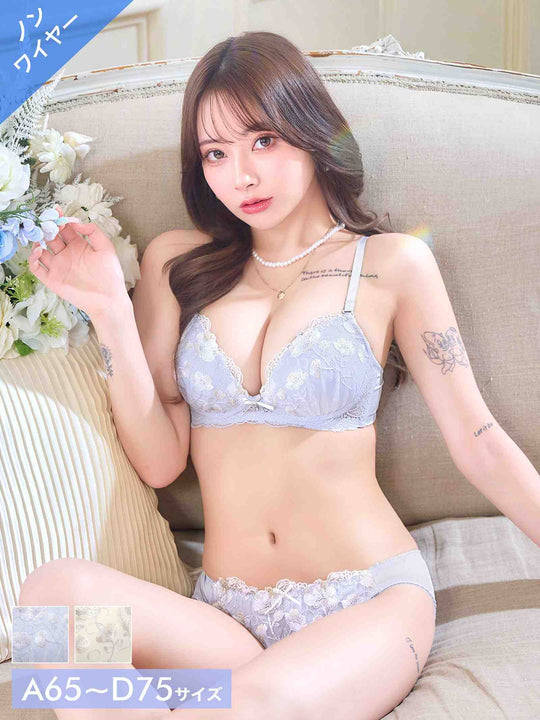 6/29新作!【ノンワイヤー】ミルキーブルーミングフラワーブラジャー＆フルバックショーツ