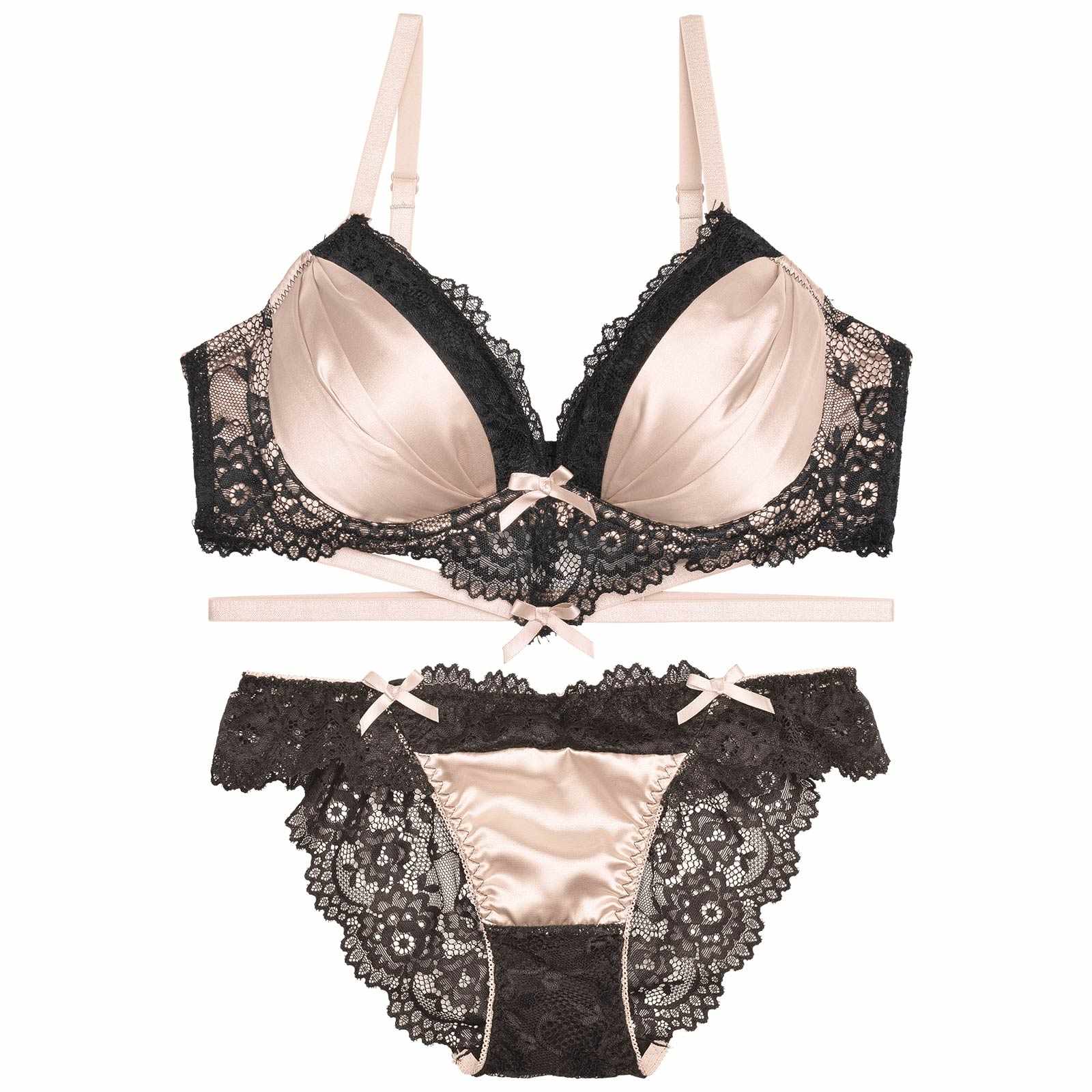 12/6再販!【三上悠亜着用】【EFサイズ】ラブリーサテンリボンコードブラジャー&バック透けフルバックショーツ