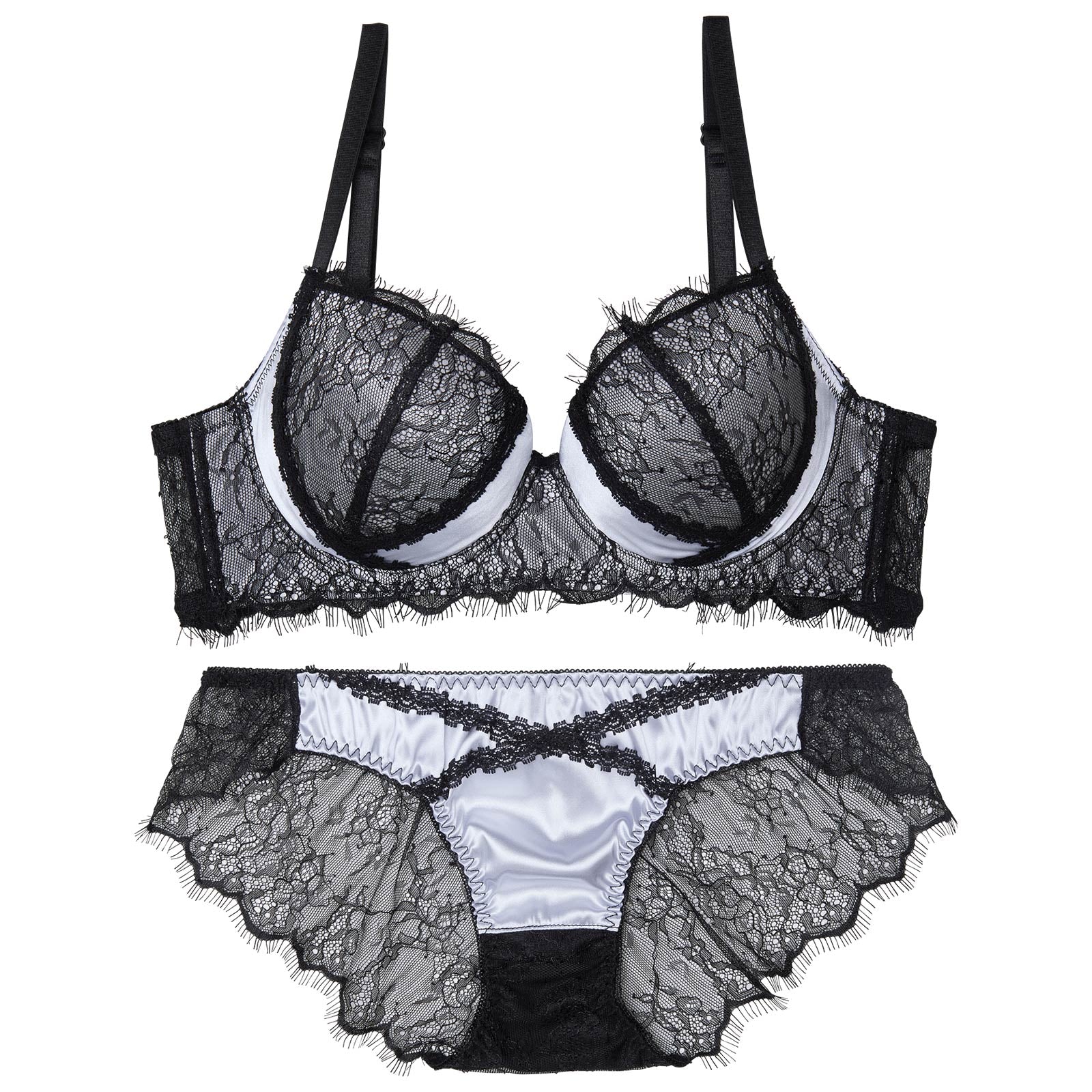 【かとゆり着用】パステルサテンクロスレーシィ育乳脇高ブラジャー&バック透けフルバックショーツ