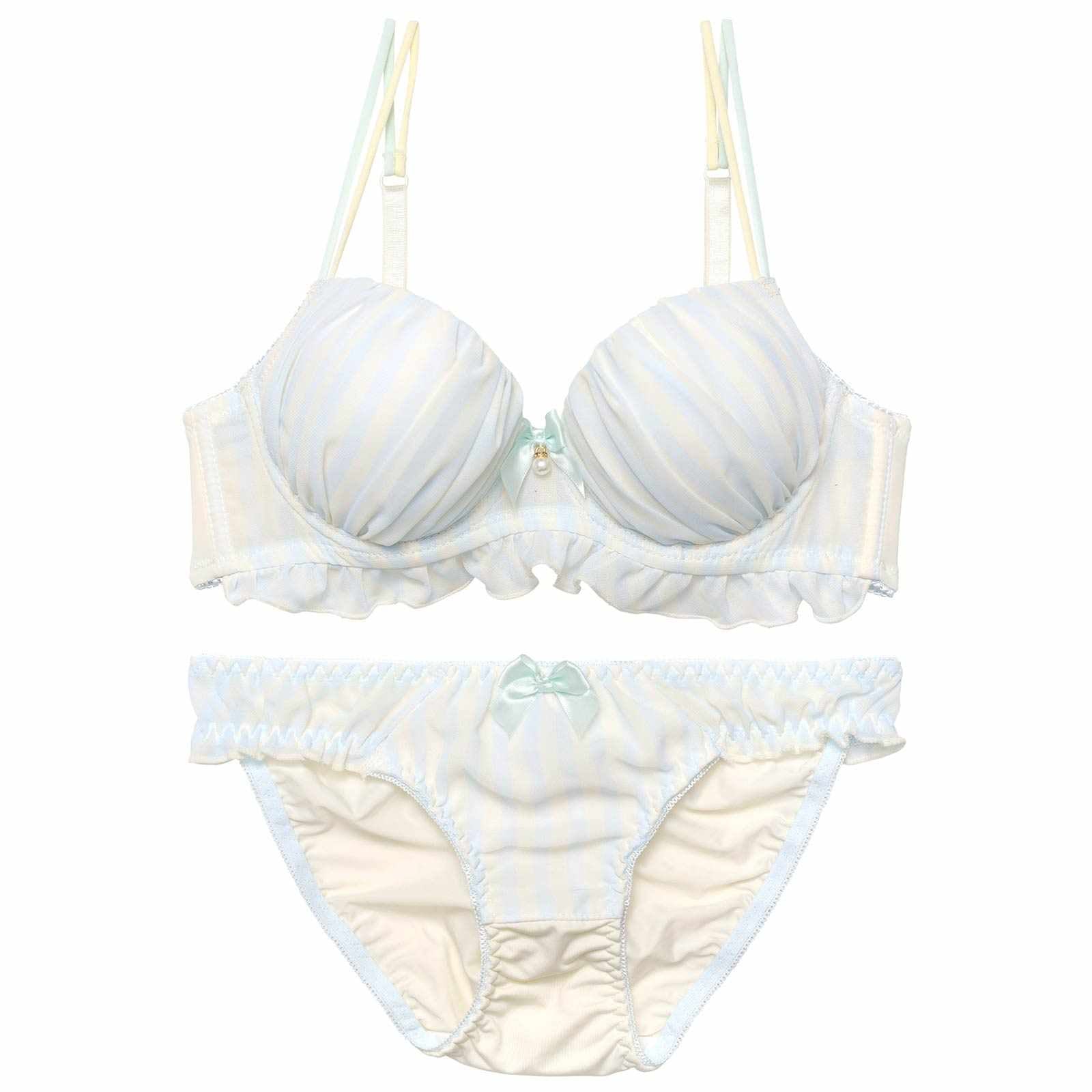 【EFサイズ】キャンディーストライプフリルブラジャー&フルバックショーツ