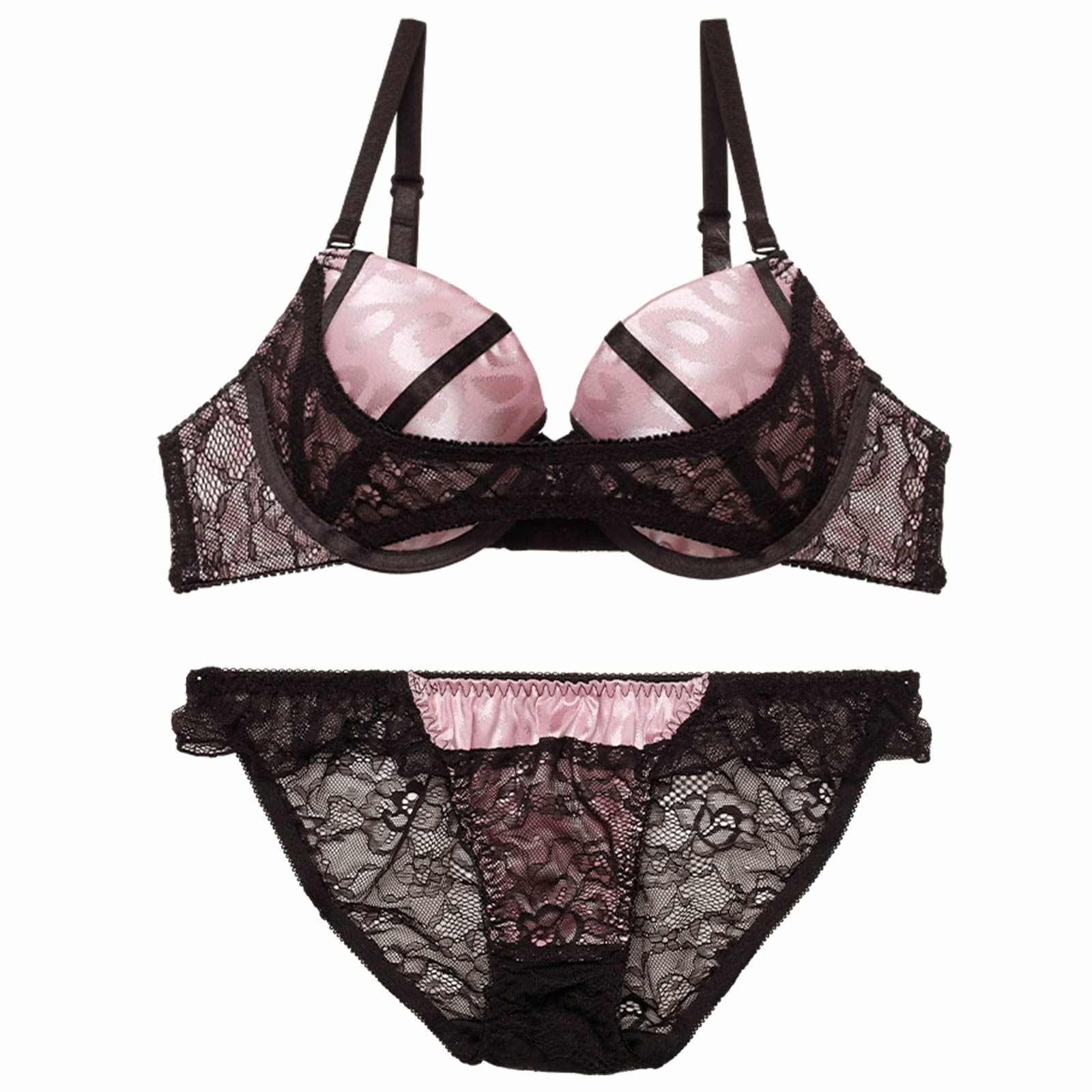 【EFサイズ】レオパードサテンライン育乳脇高ブラジャー&バック透けフルバックショーツ