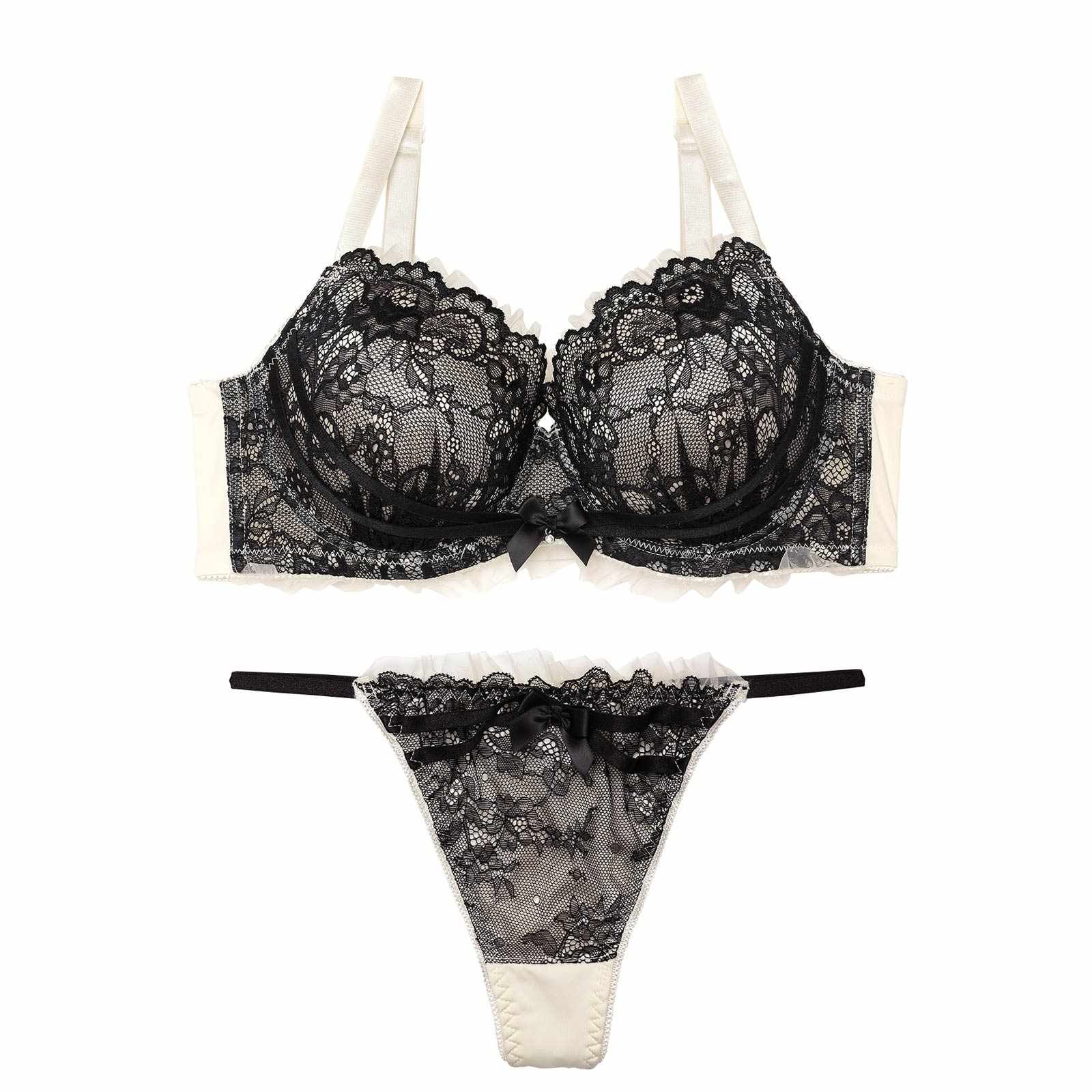 【EFサイズ】ダスティゴシックフリルチュール育乳脇高ブラジャー&Tバックショーツ