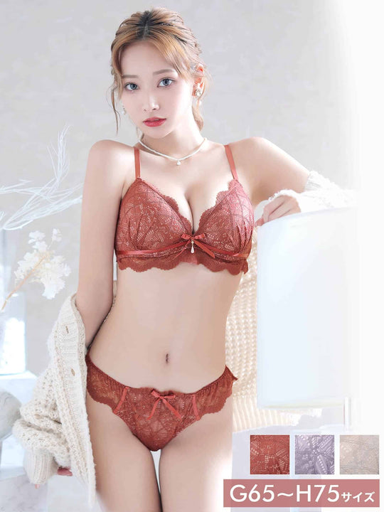 9/26再販!【GHサイズ】レーシィスカラップブラジャー&バック透けフルバックショーツ