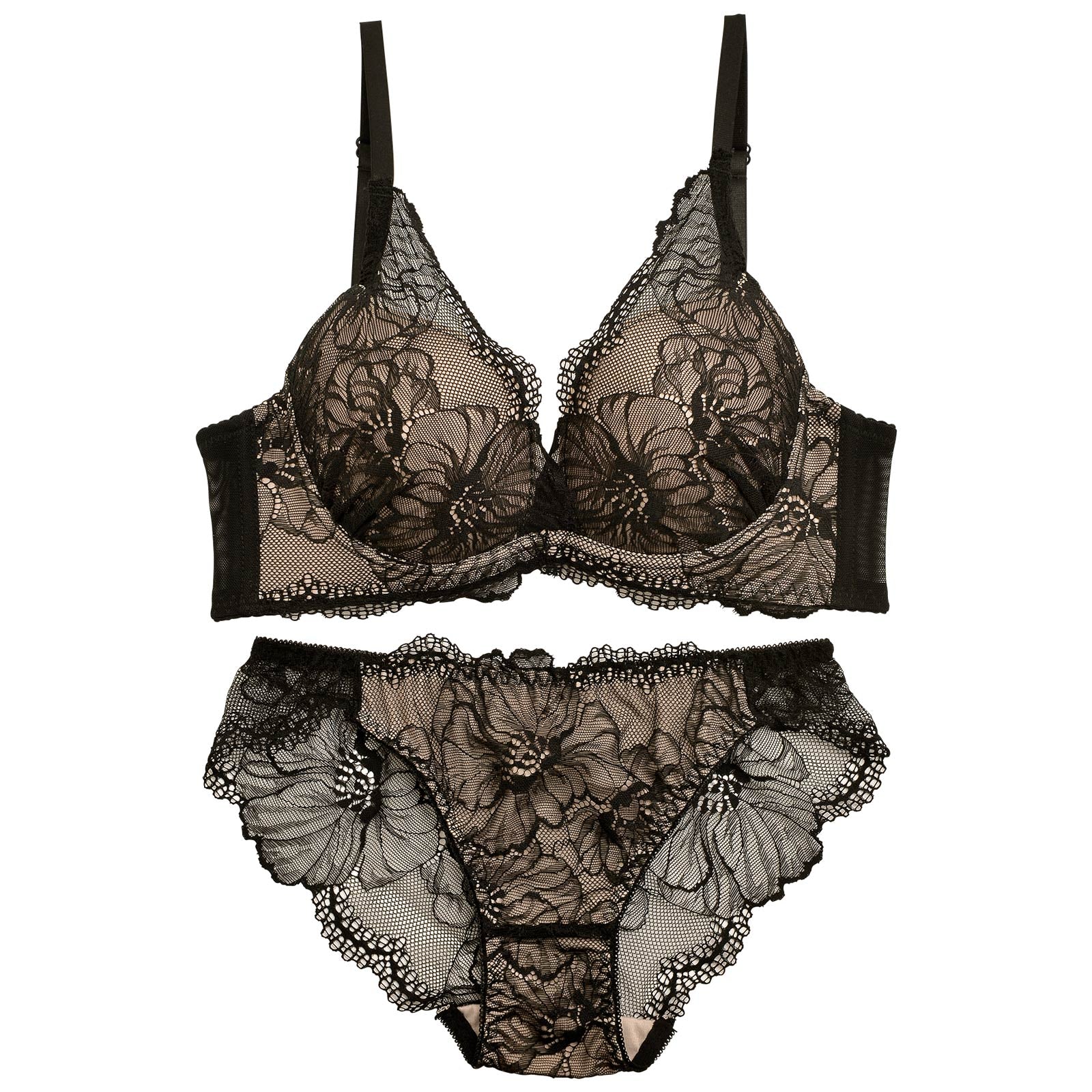 12/10再販!【三上悠亜着用】【ノンワイヤー】ラグジュアリーフラワーレース育乳脇高ブラジャー&バック透けフルバックショーツ
