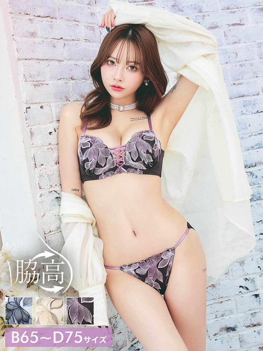 9/8再販!ボタニカルリボンレースアップ育乳脇高ブラジャー&フルバックショーツ