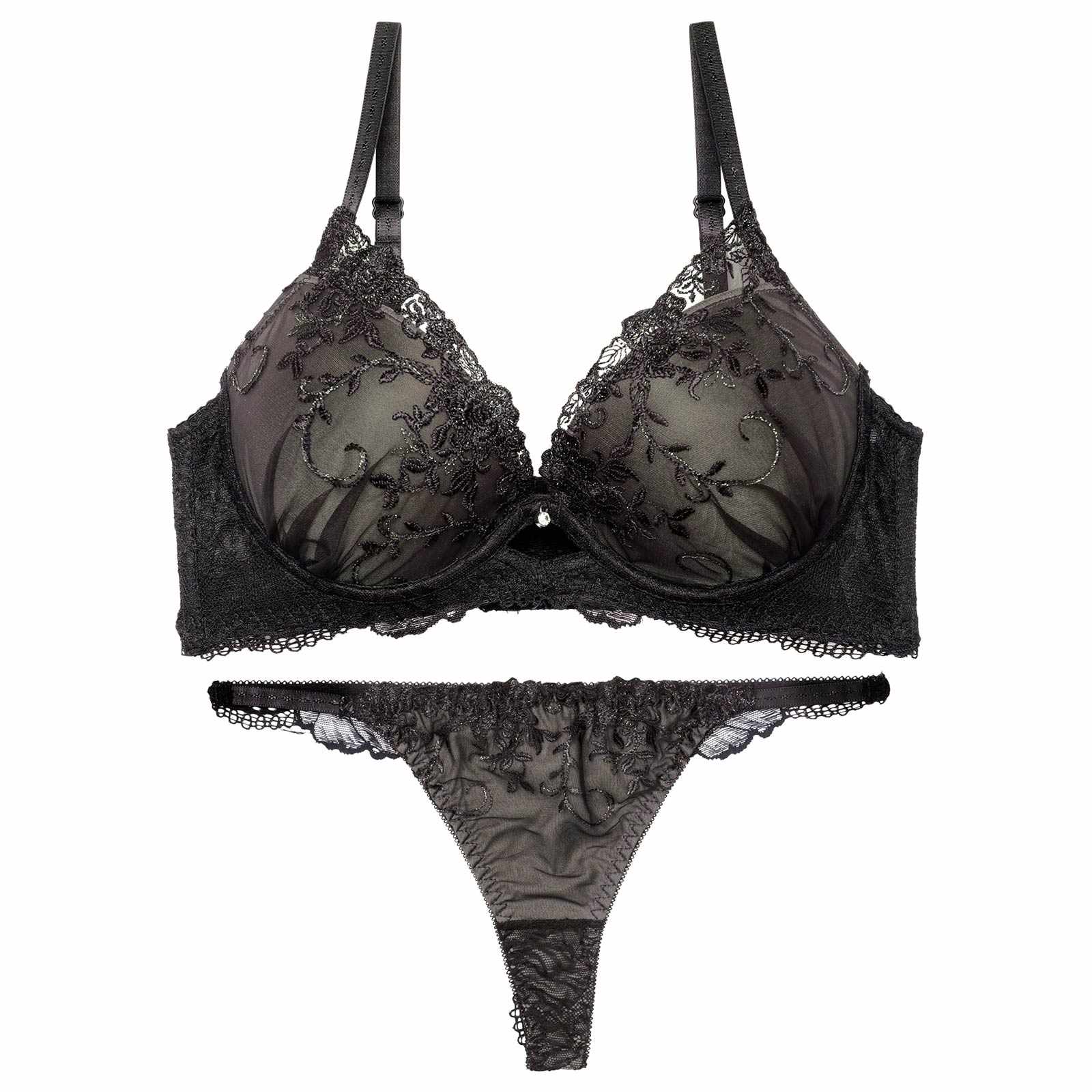 【三上悠亜着用】グリッターアイビーエンブロイダリー育乳脇高ブラジャー&バック透けTバックショーツ