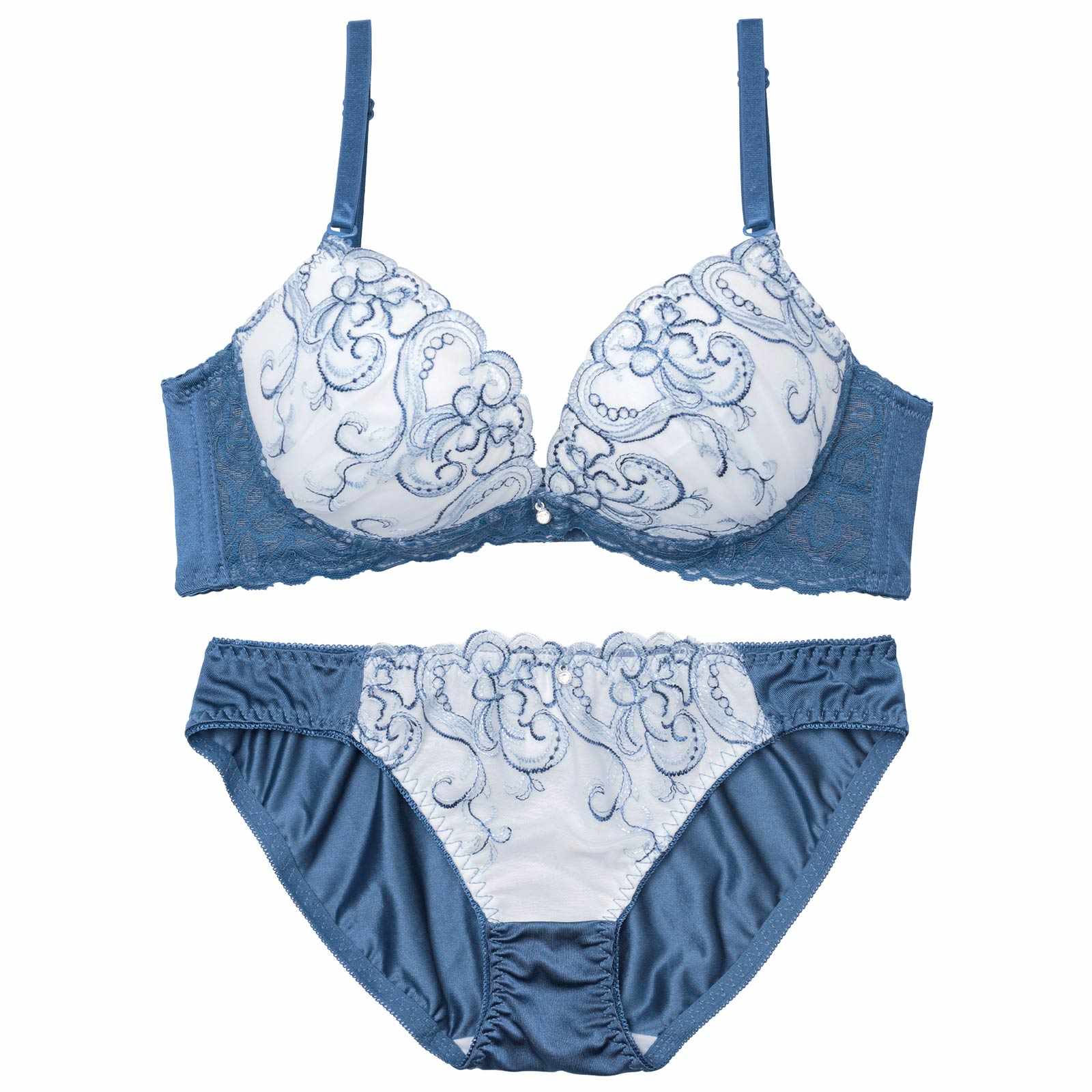 ニュアンスハートチュールレース育乳脇高ブラジャー&フルバックショーツ