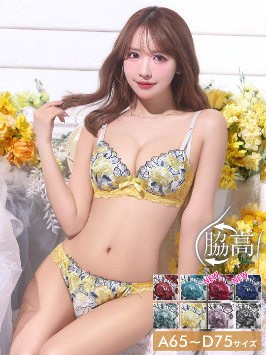 4/14再販!【三上悠亜着用】ゴージャスフラワーパール育乳脇高ブラジャー&フルバックショーツ