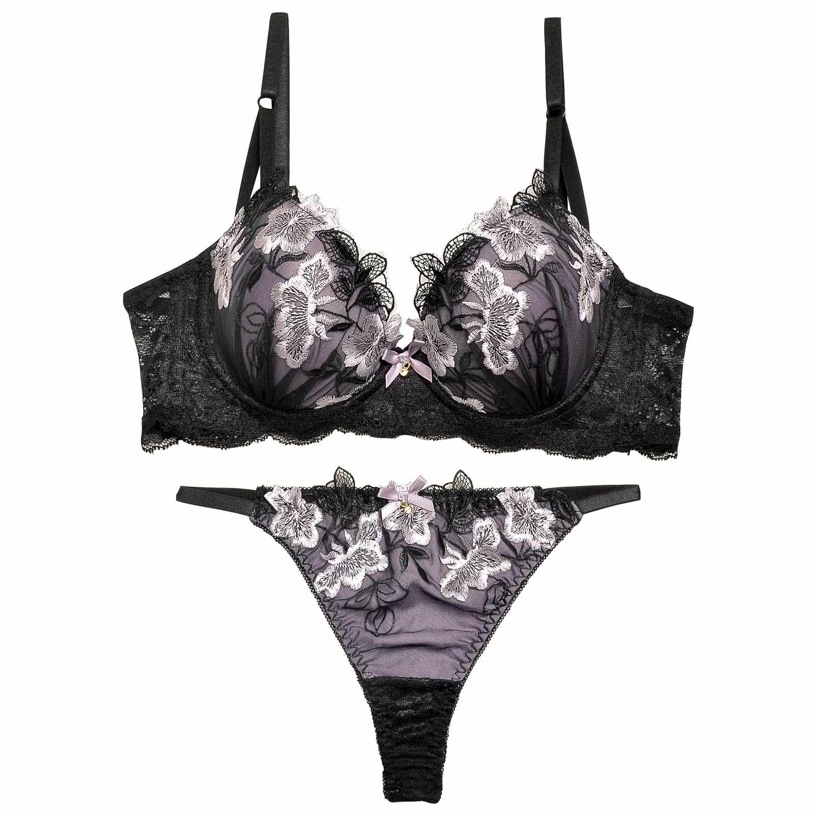 12/9再販!【EFサイズ】ダスティブルームエンブロイダリー育乳脇高ブラジャー&バック透けTバックショーツ