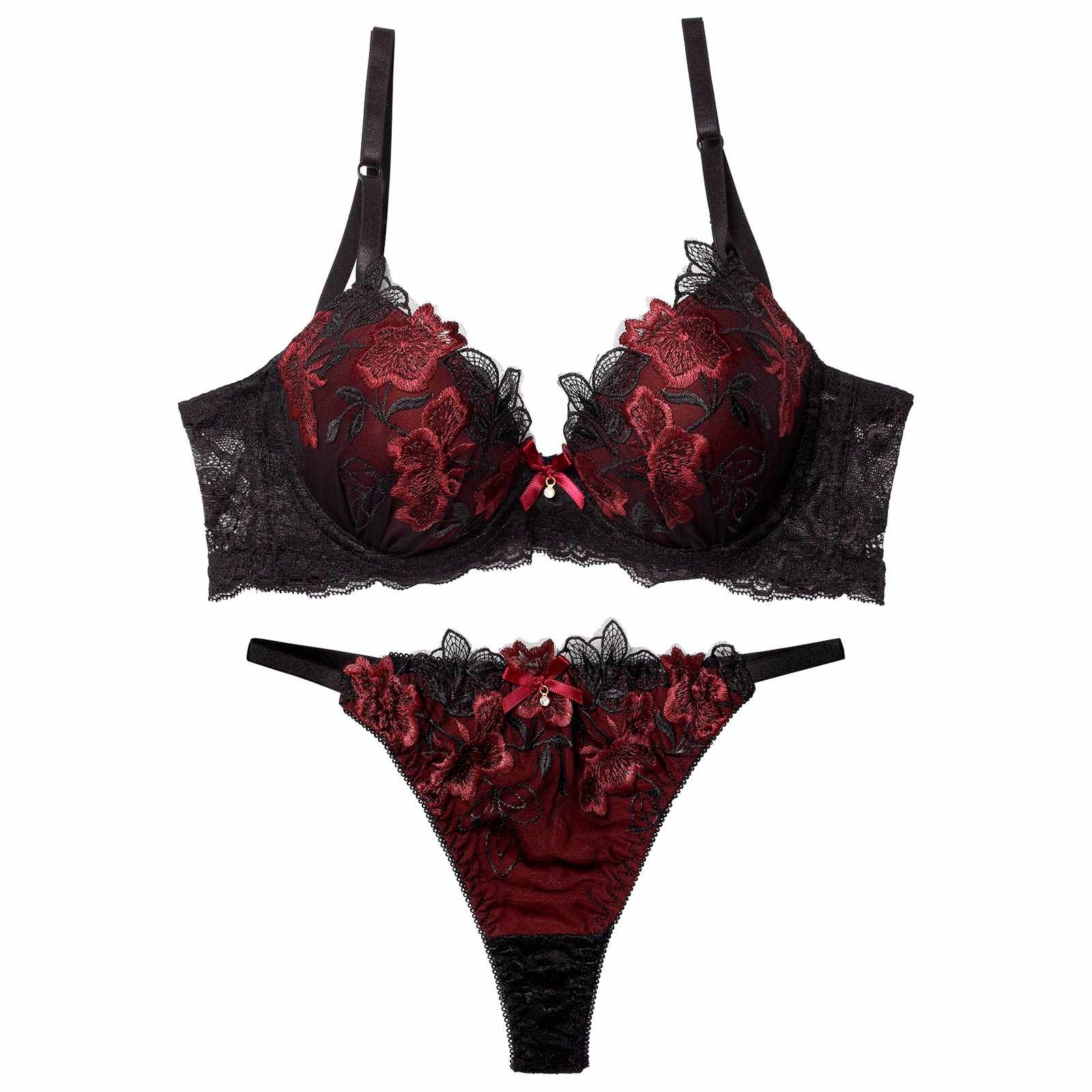 12/9再販!【EFサイズ】ダスティブルームエンブロイダリー育乳脇高ブラジャー&バック透けTバックショーツ