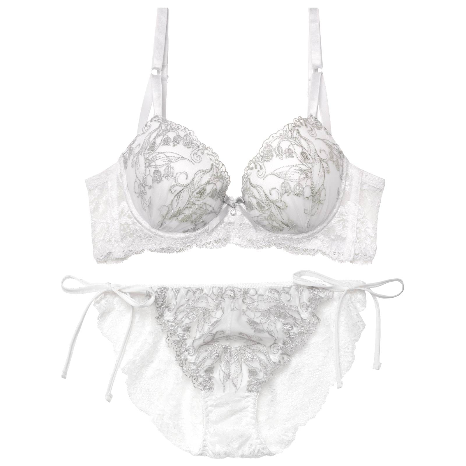 【三上悠亜着用】リリーベルエンブロイダリー育乳脇高ブラジャー&サイド紐バック透けフルバックショーツ